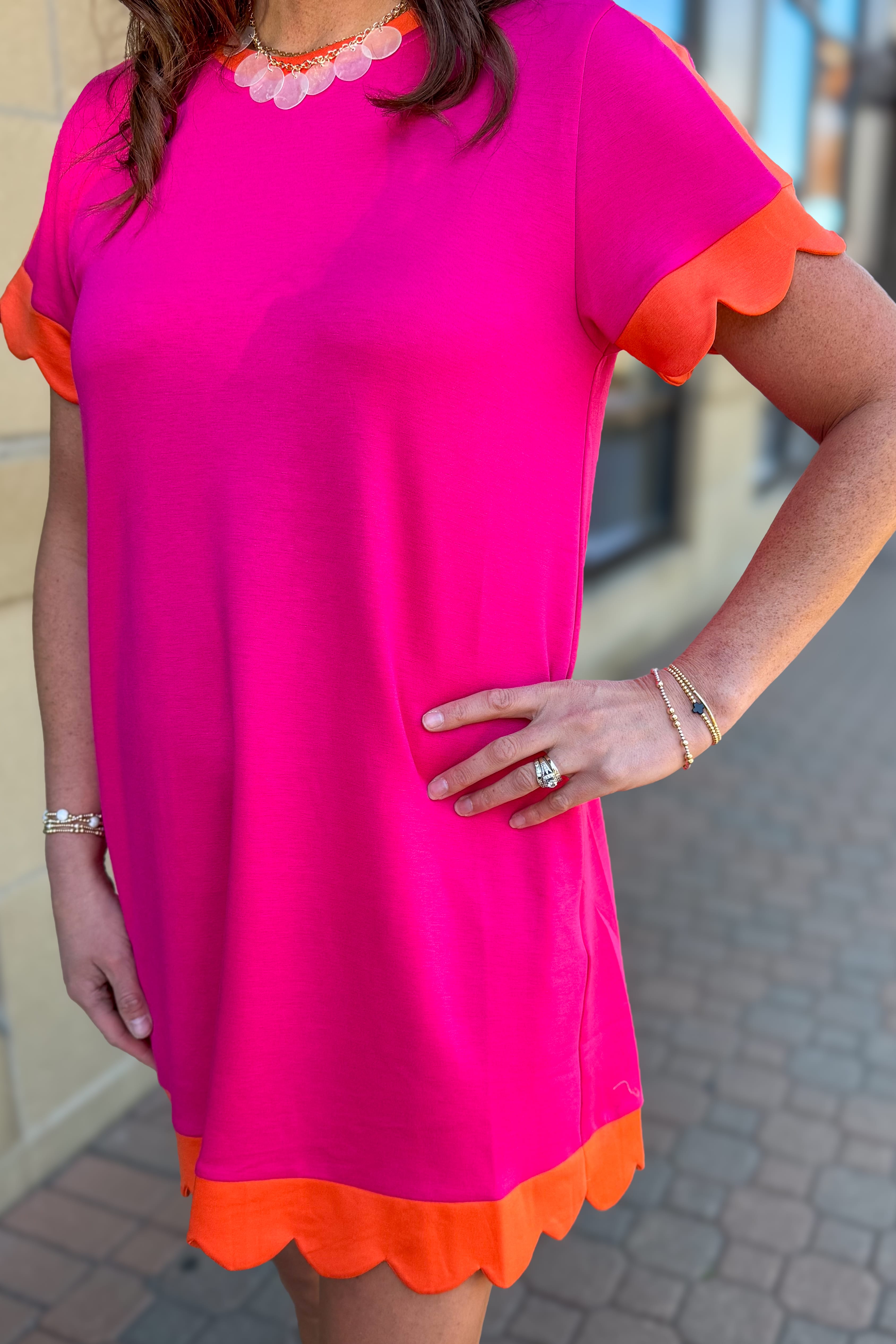 Fuchsia & Orange Contrast Scallop Hem Dress