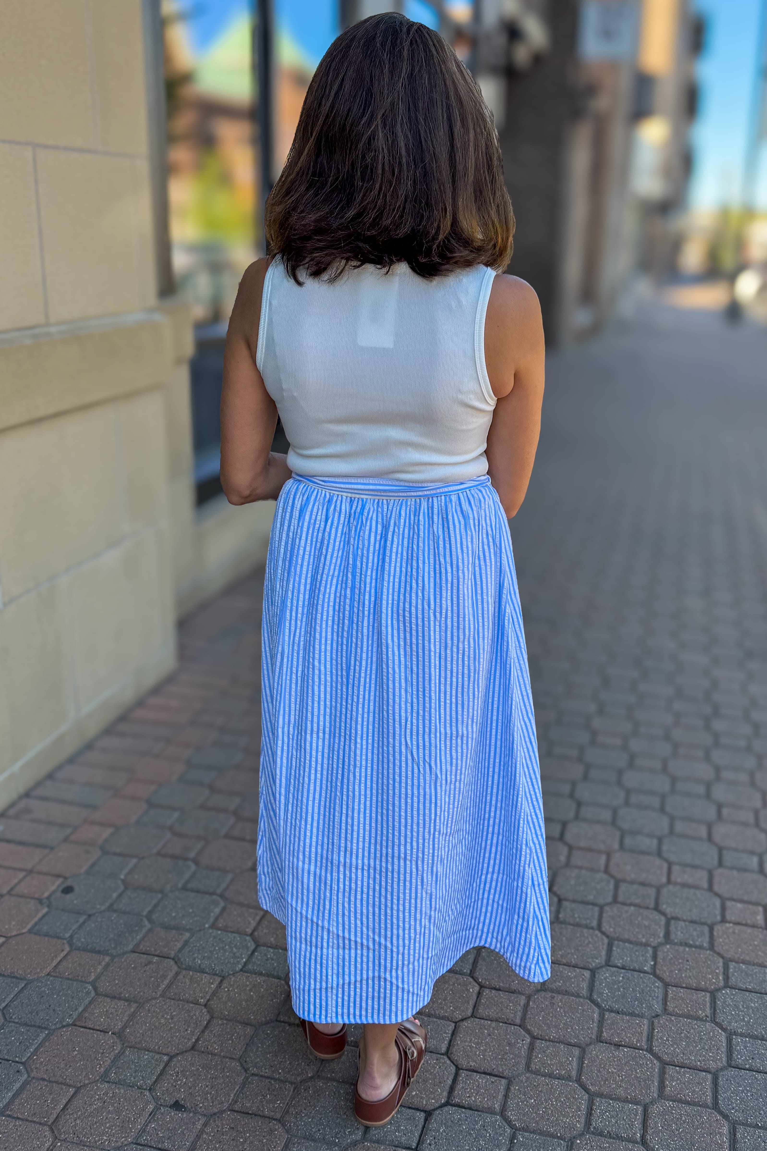 Sky Blue Knit Combo Striped Midi Dress back