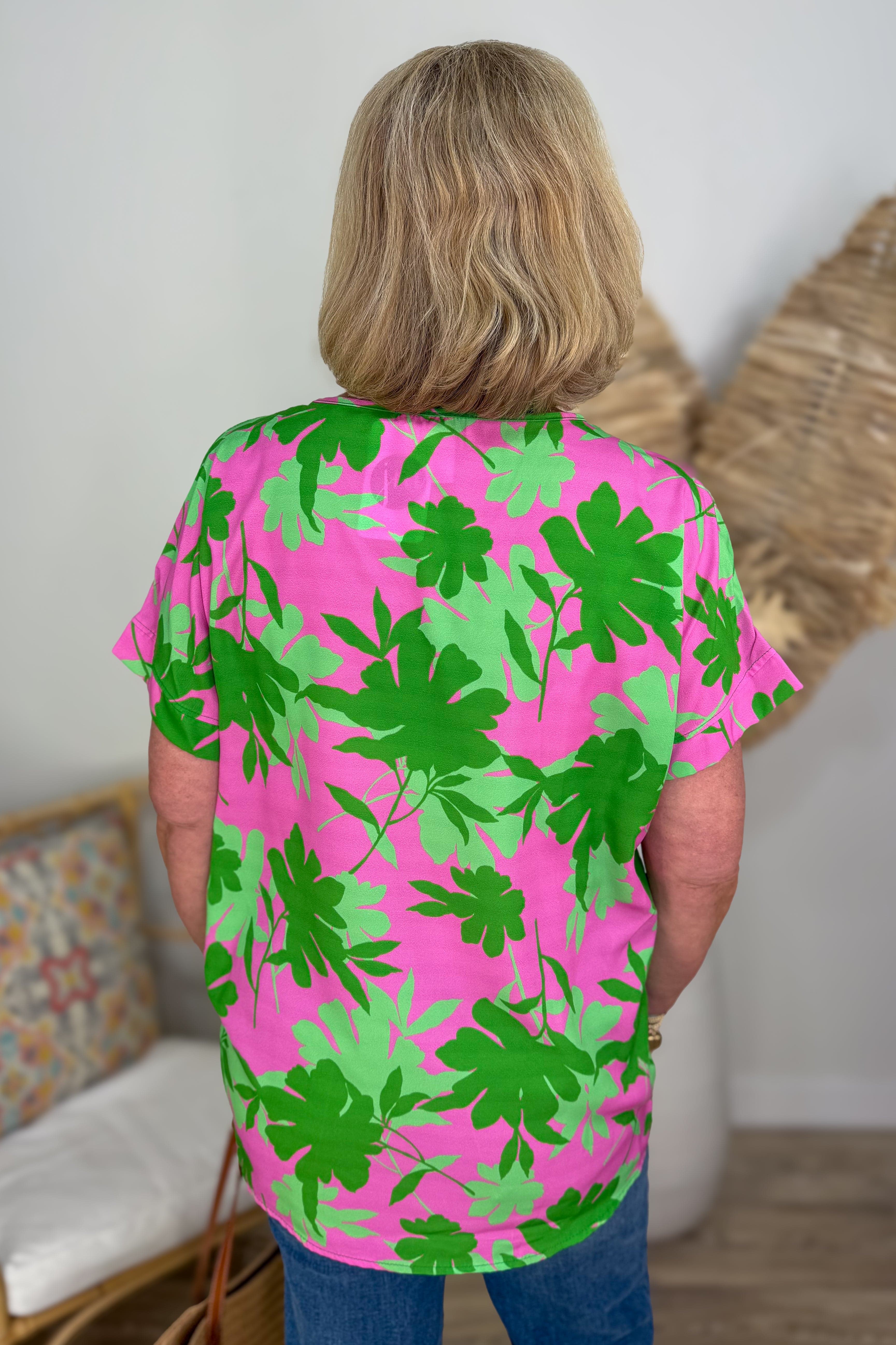 Pink & Green Leaf Print Tunic Top back
