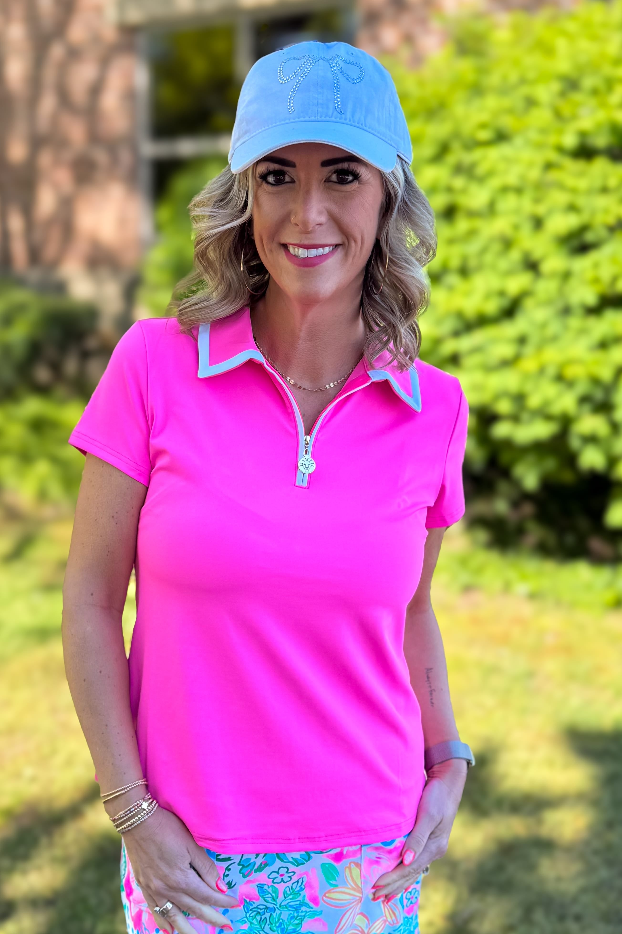 Bubble Gum Pink with White Trim Amaia Front Zip Polo Top – Jean