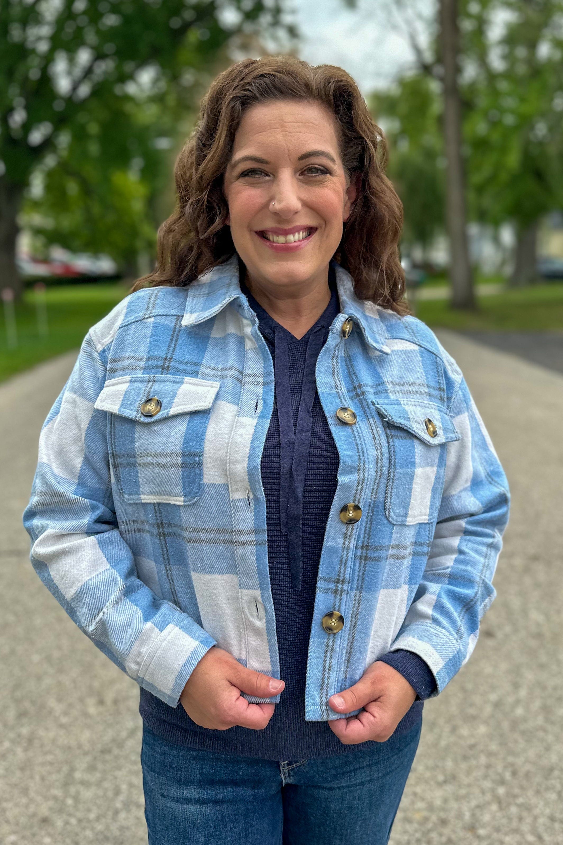 Sky Blue Plaid Cropped Shacket