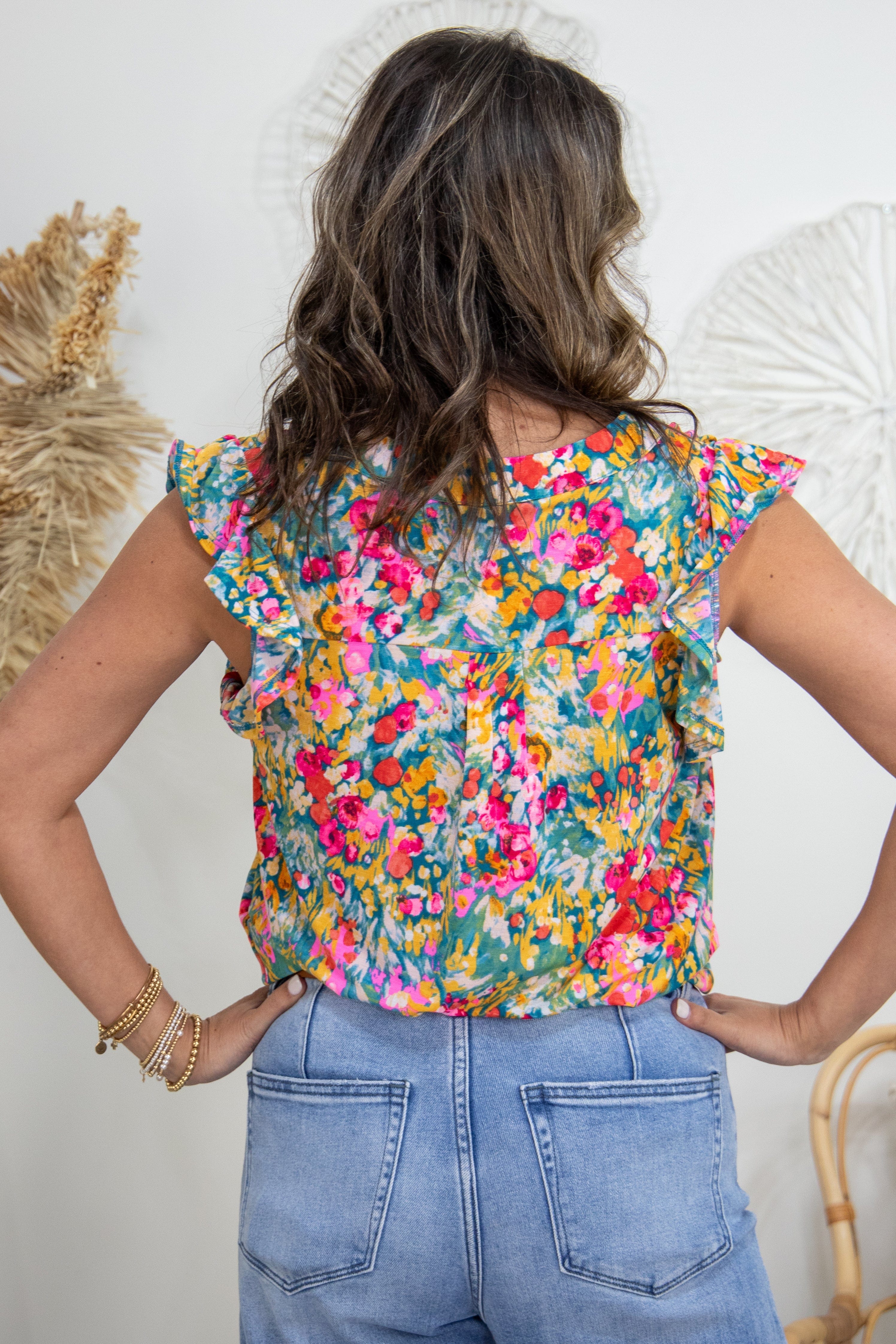 Teal Watercolor Floral Cap Ruffle Sleeve Top back