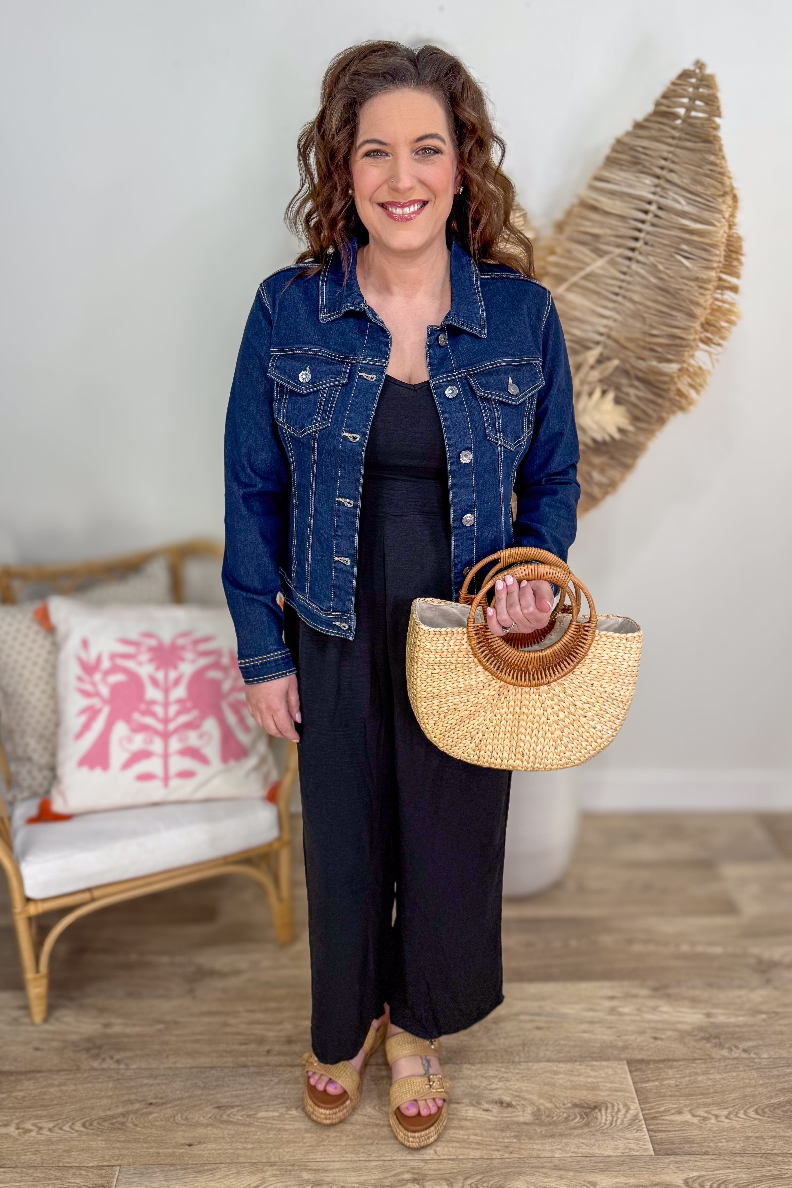 Black Sleek Spaghetti Strap Jumpsuit styled