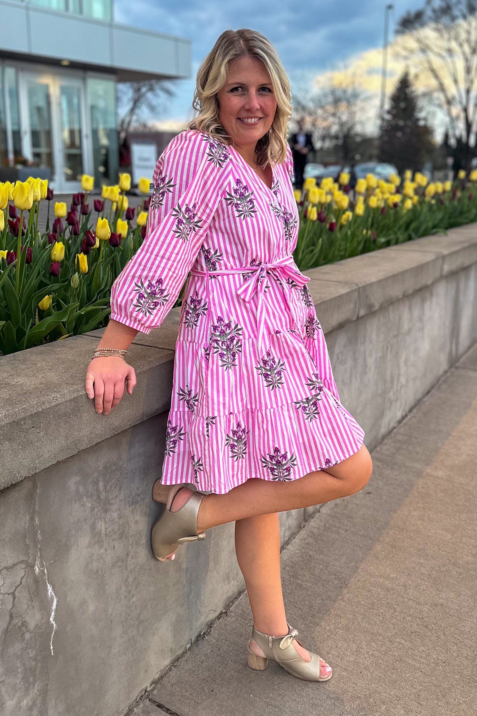 Pink Stripe Flower Belted Dress