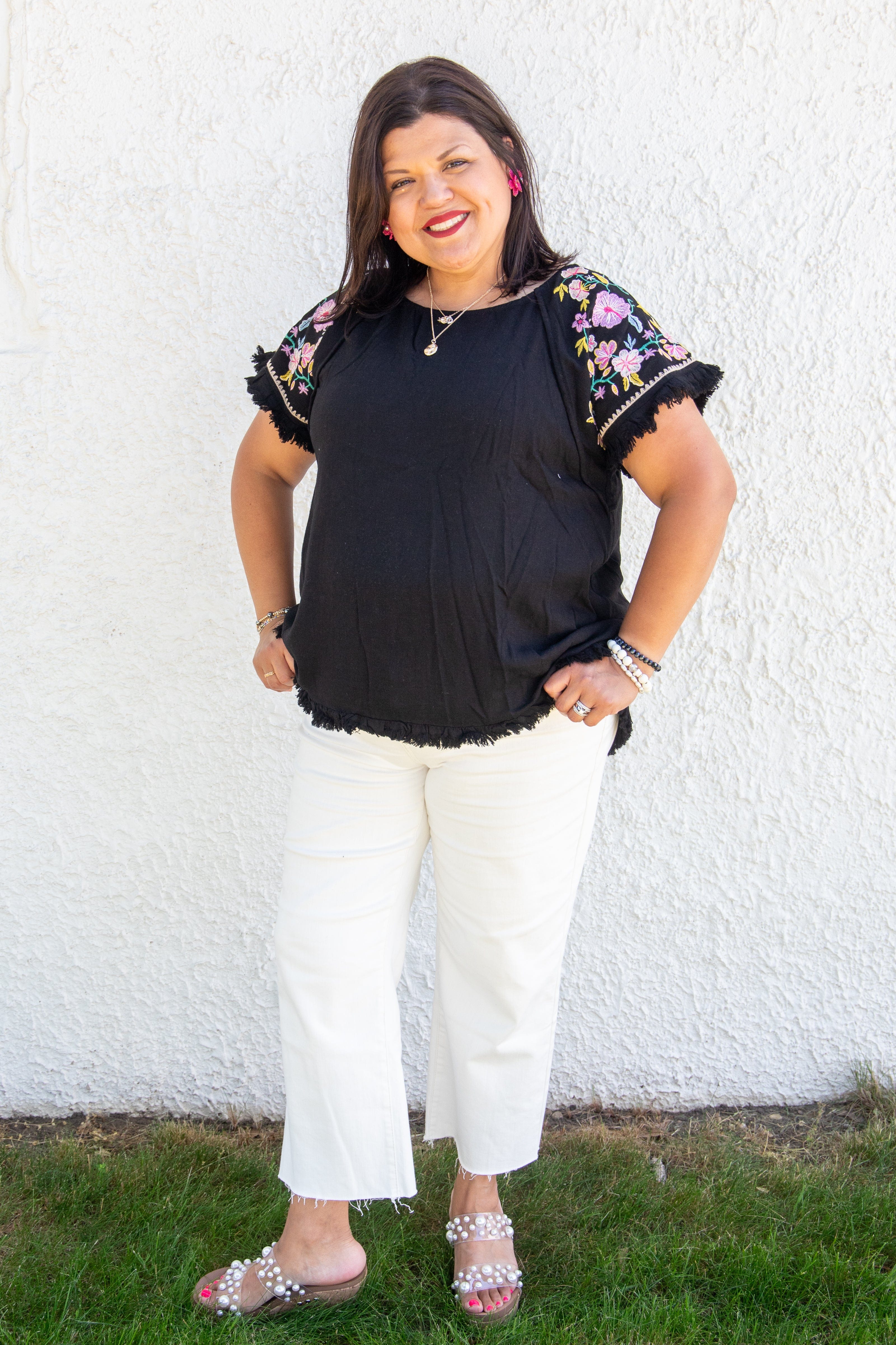 Black Frayed Pink Floral Embroidered Top styled