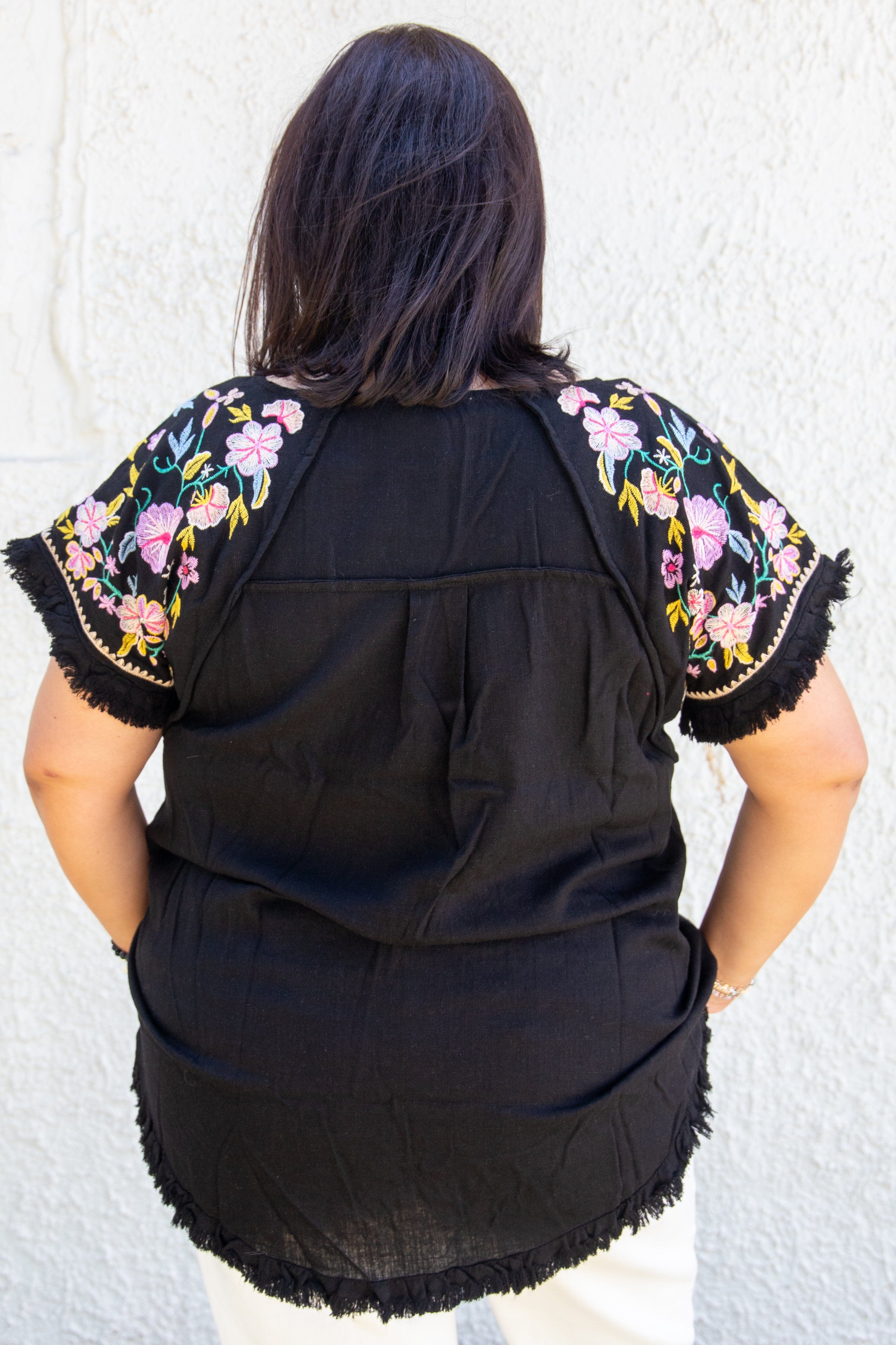 Black Frayed Pink Floral Embroidered Top back