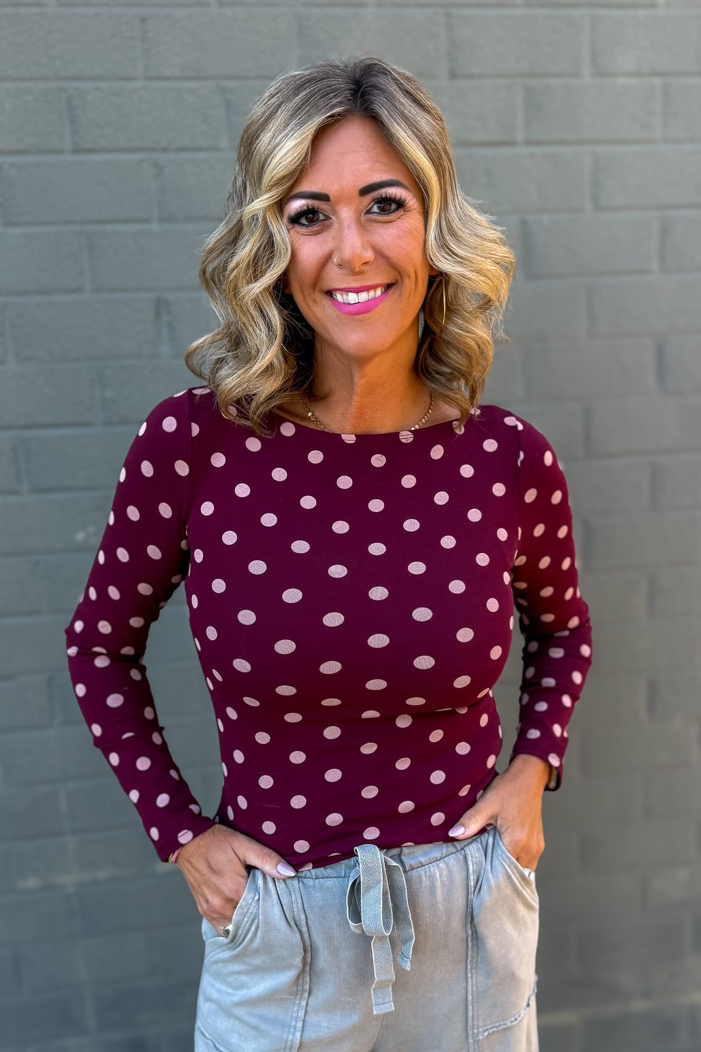 Burgundy Polka Dot Long Sleeve Knit Top