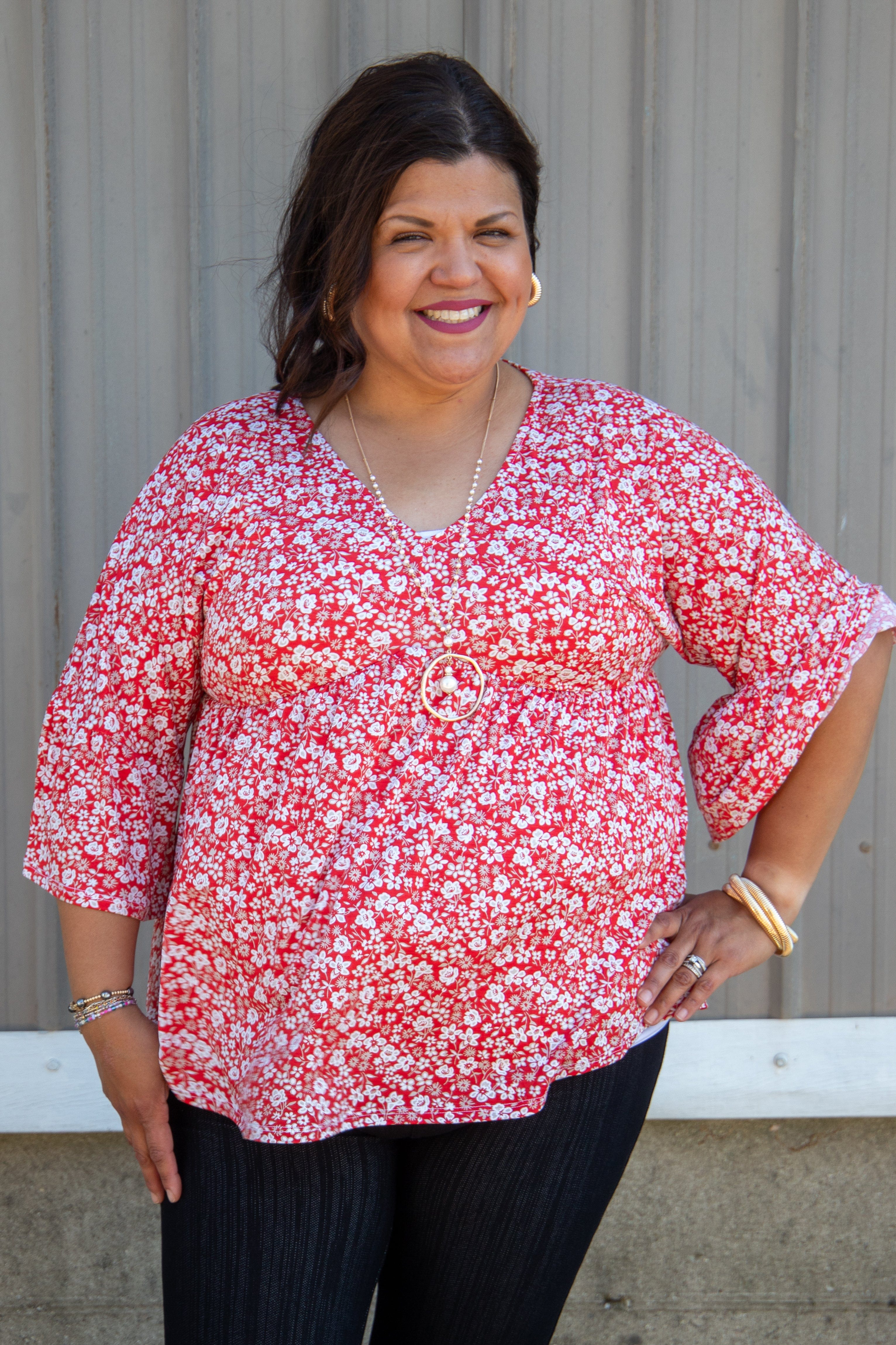 Burnt Red & White Floral Babydoll Top