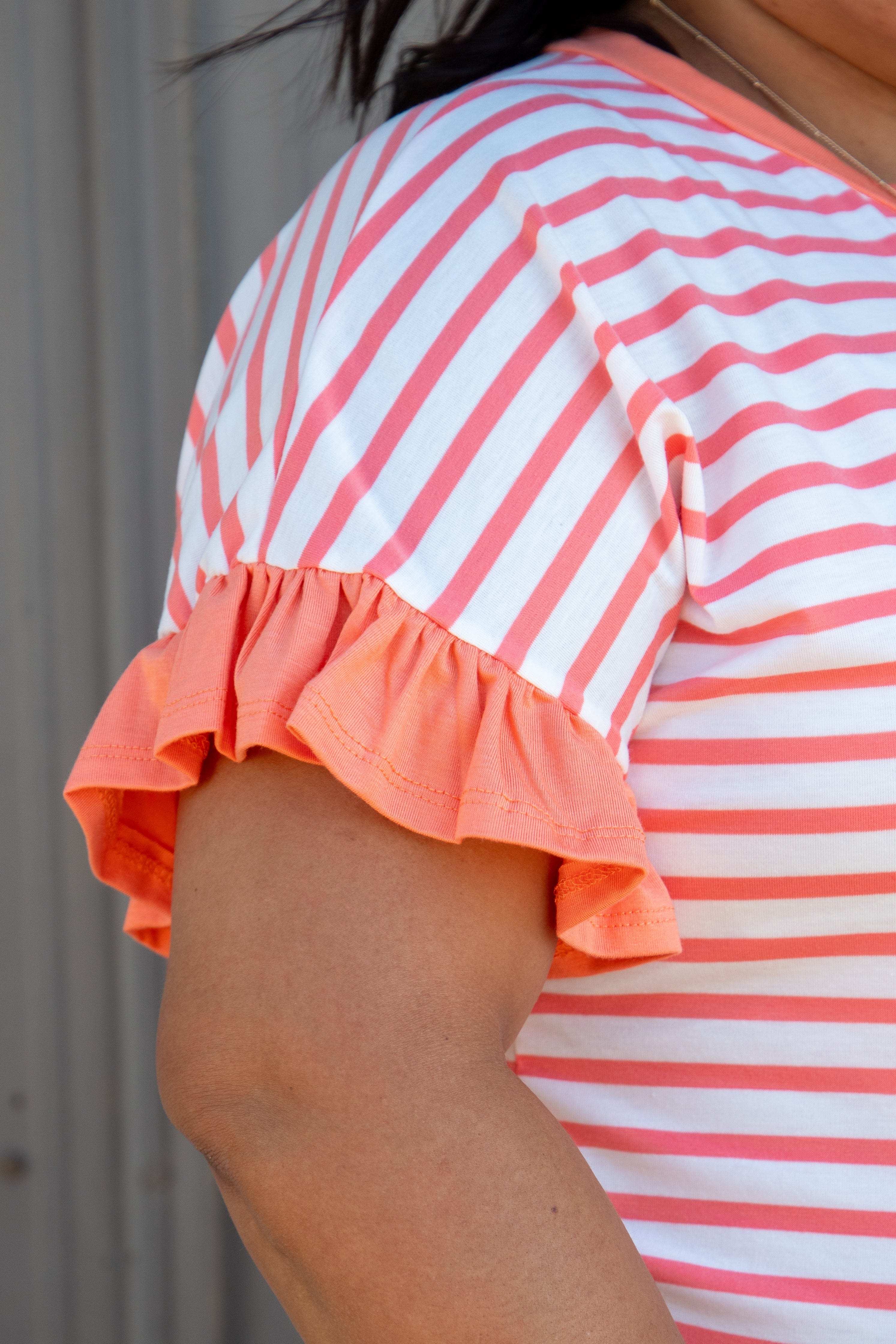 Coral Stripe Ruffle Sleeve Top sleeve detail