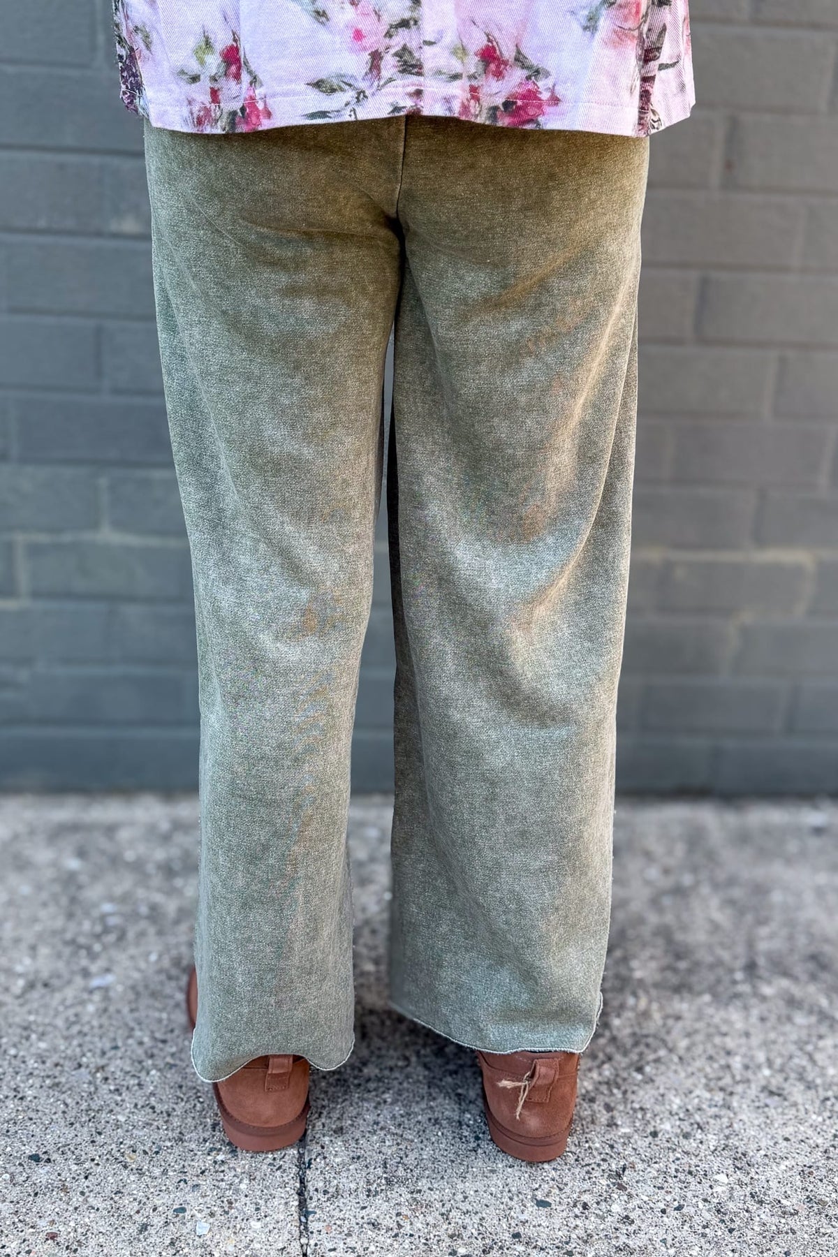 Light Olive Acid Wash Fleece Palazzo Pants Back