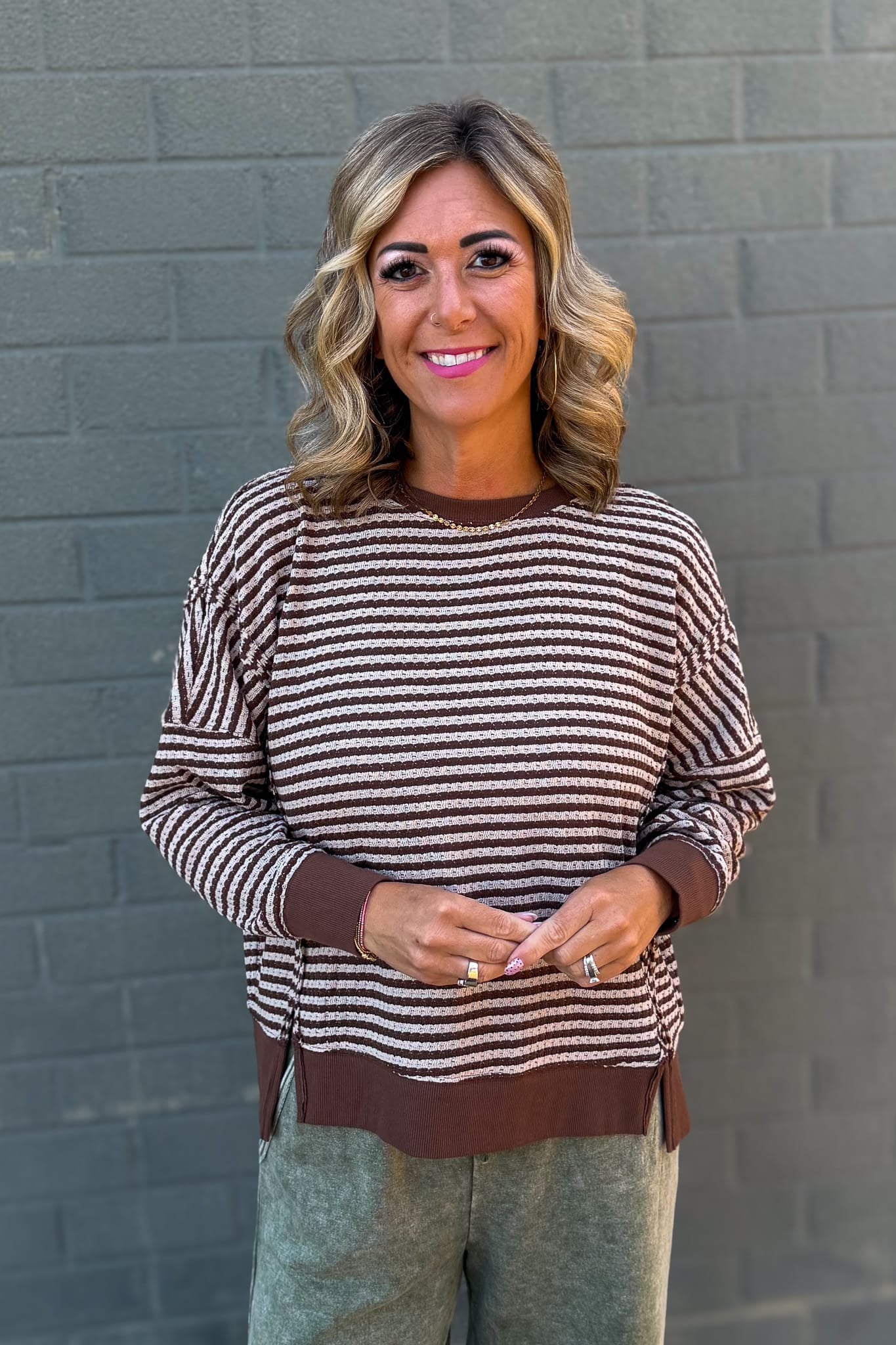 Brown Stripe Exposed Split Hem Knit Top
