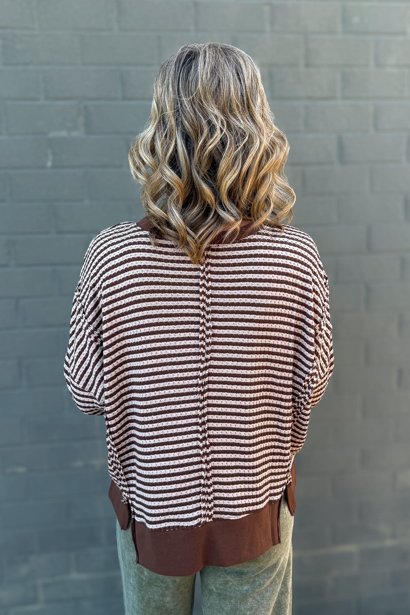 Brown Stripe Exposed Split Hem Knit Top Back