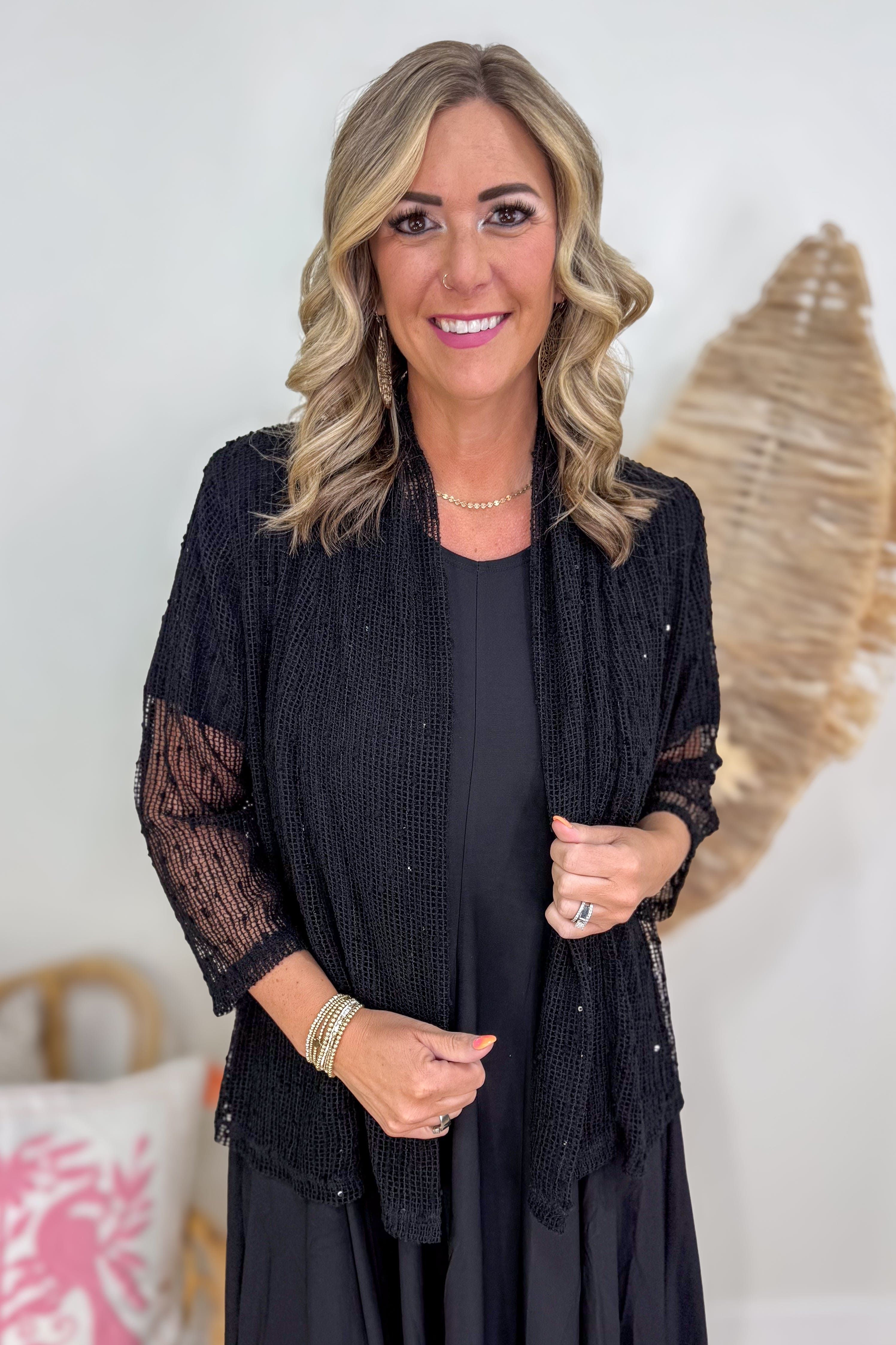 Black Sequin Open Mesh Cardigan