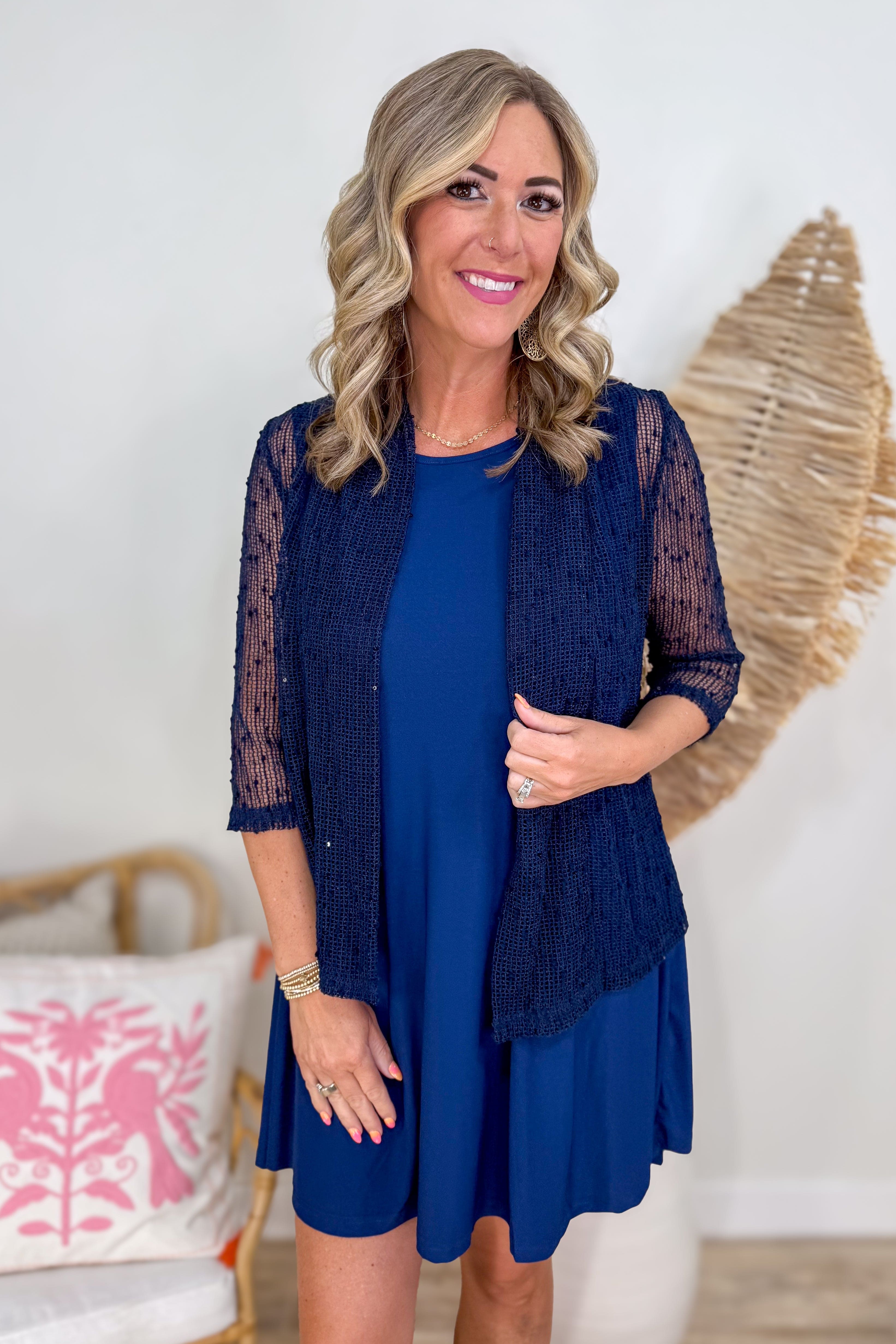 Navy Sequin Open Mesh Cardigan