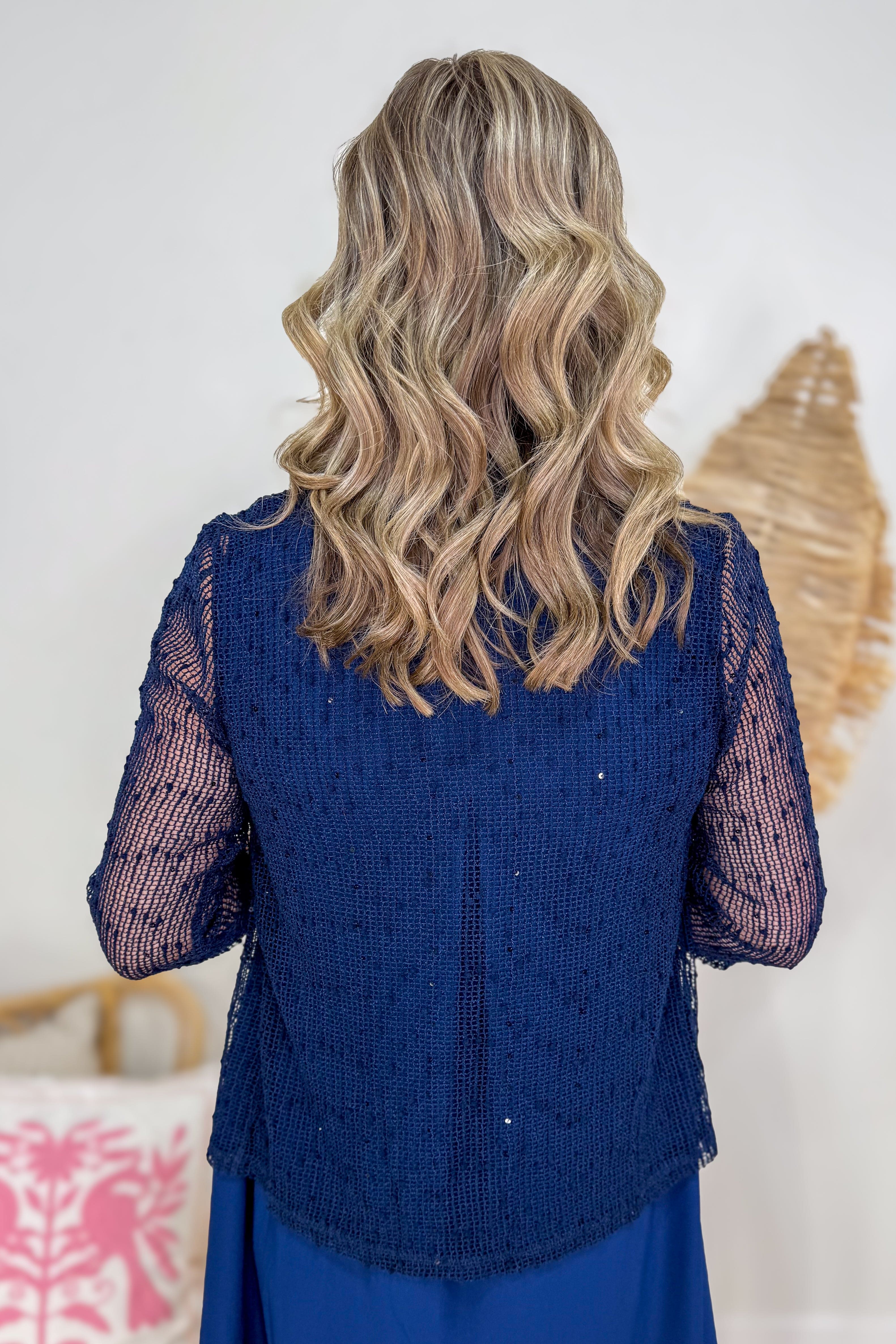 Navy Sequin Open Mesh Cardigan back