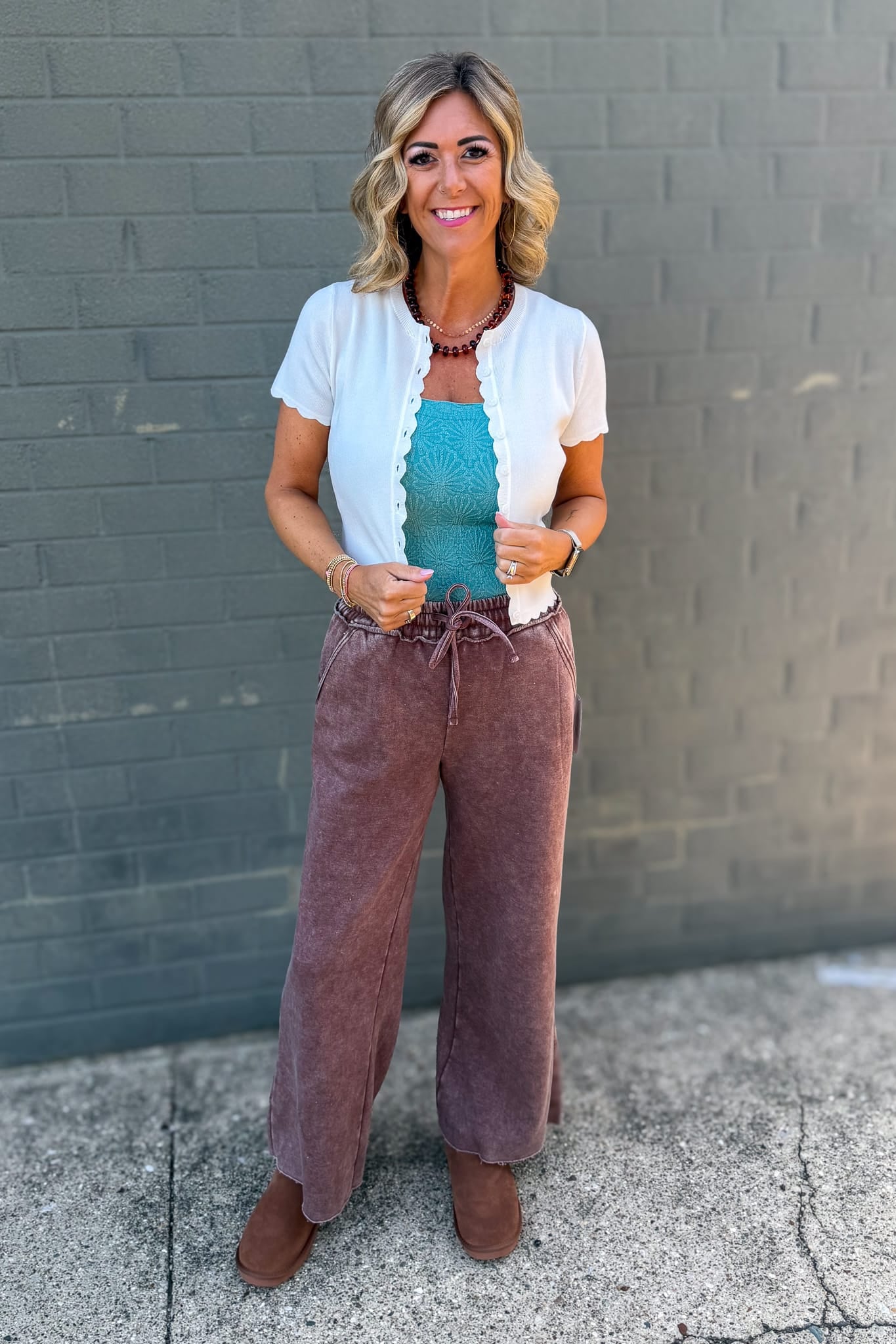 Brown Acid Wash Fleece Palazzo Pants Styled