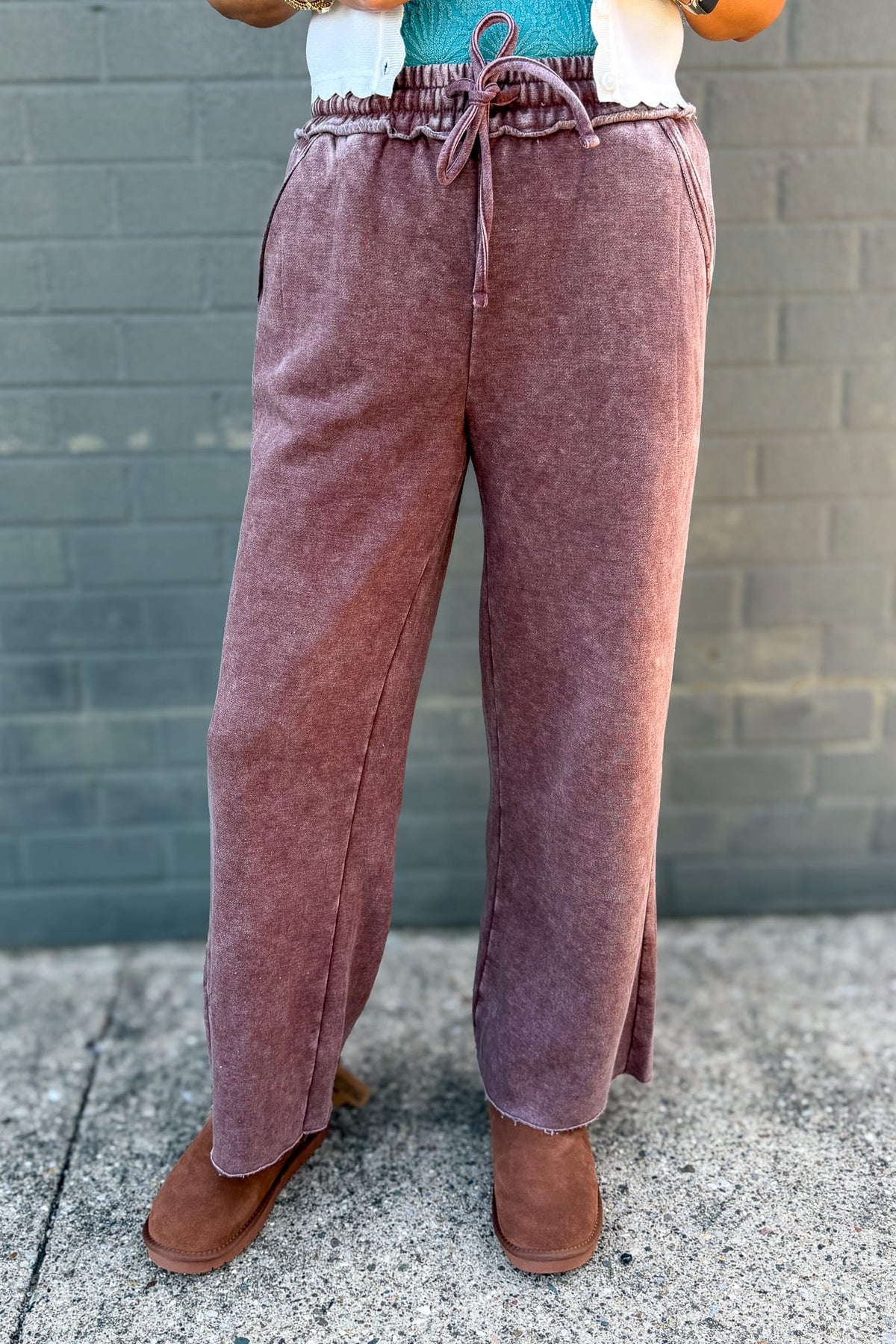Brown Acid Wash Fleece Palazzo Pants