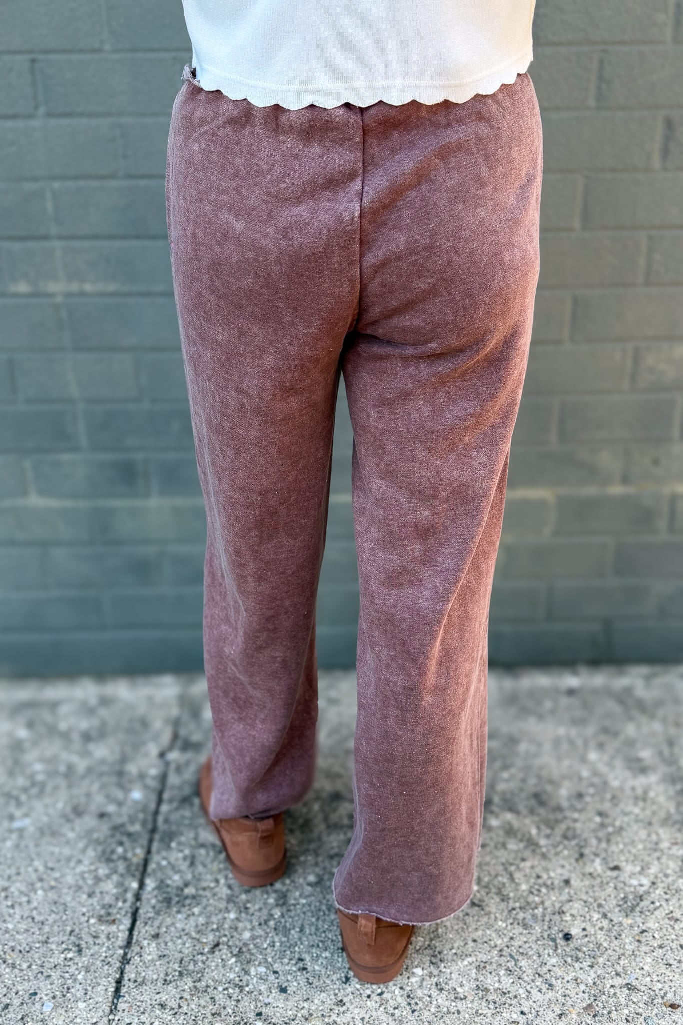 Brown Acid Wash Fleece Palazzo Pants Back