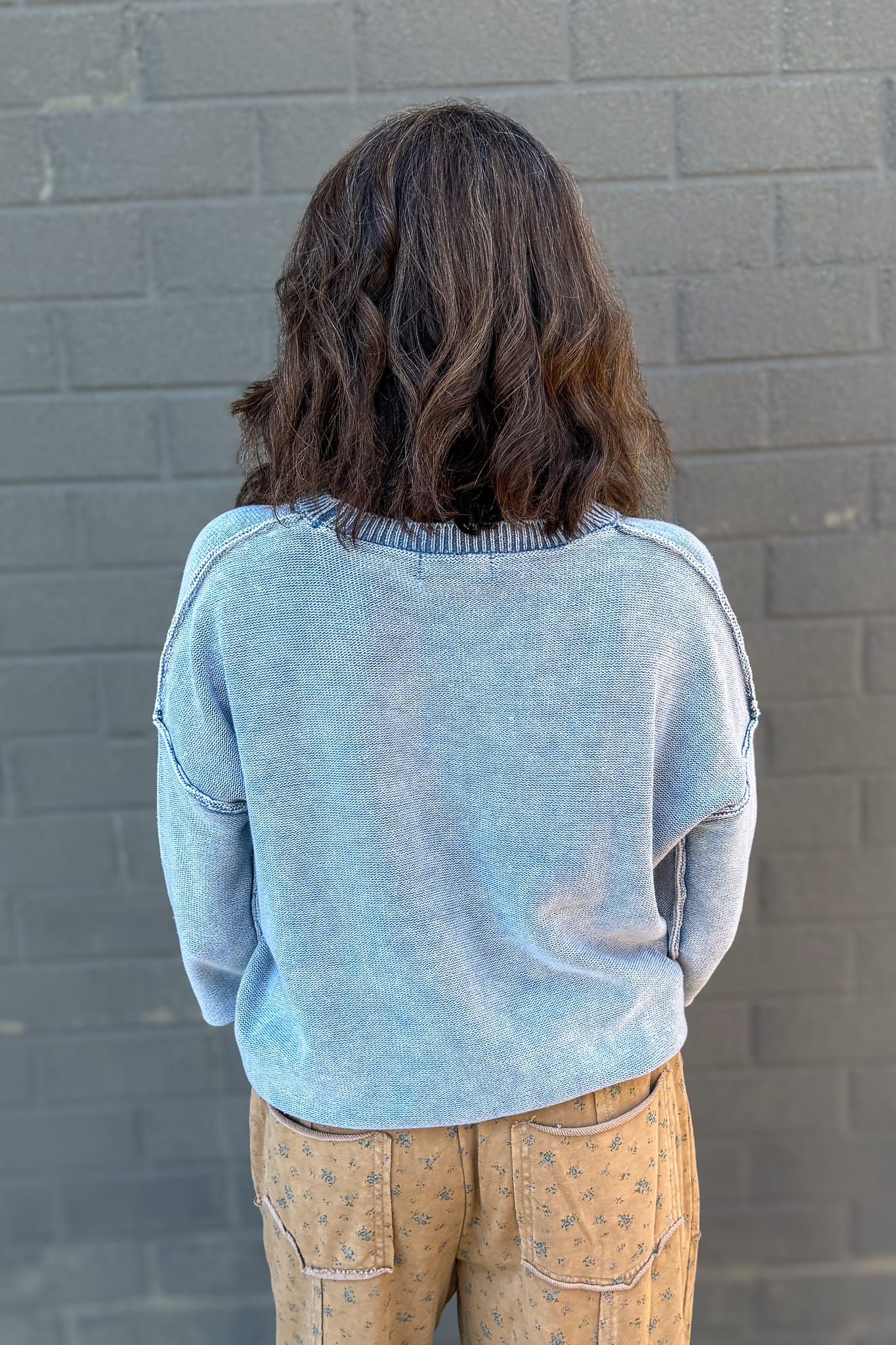 Dusty Blue Washed 3/4 Sleeve Boxy Sweater Back