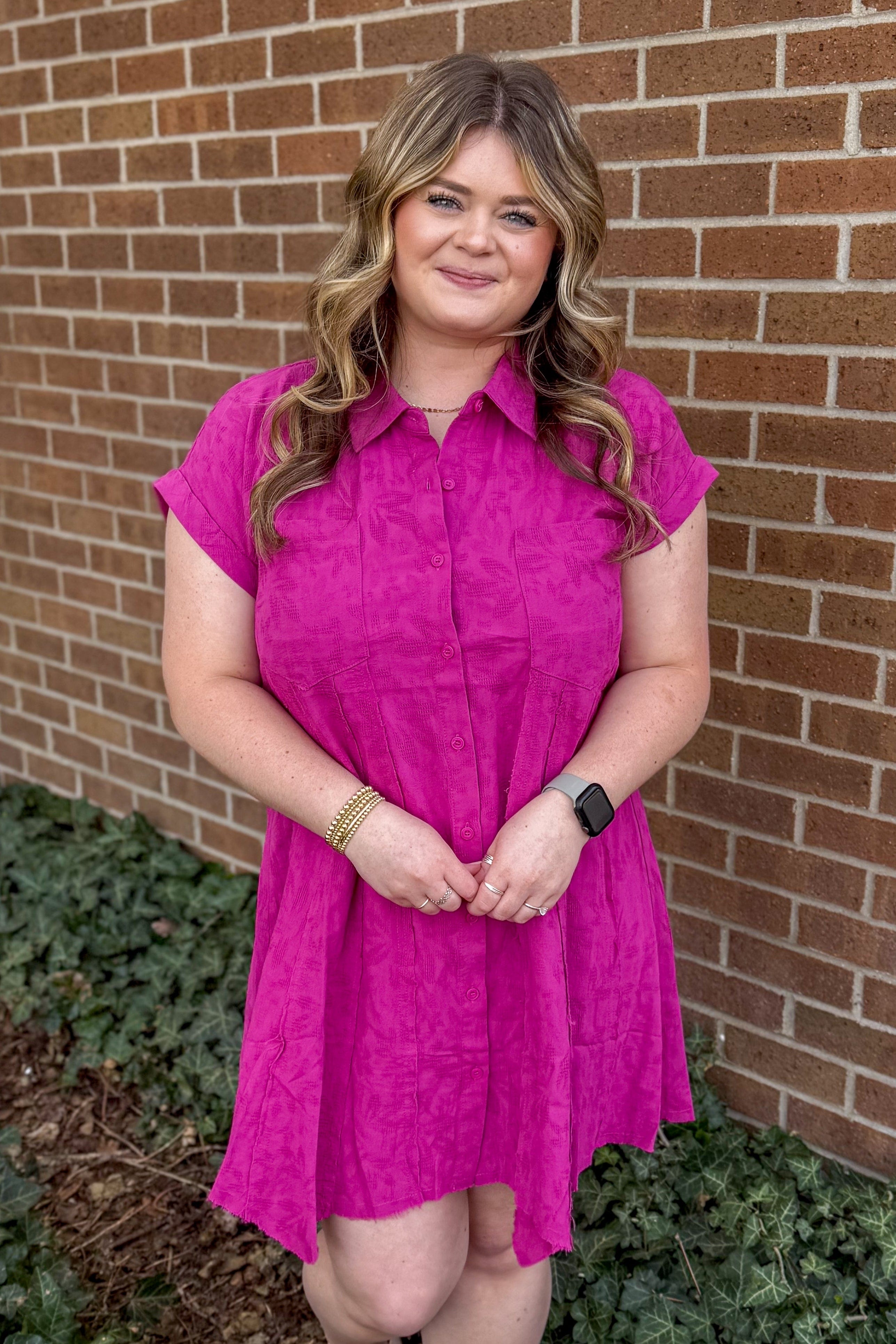fuchsia shark bite hem dress, styled