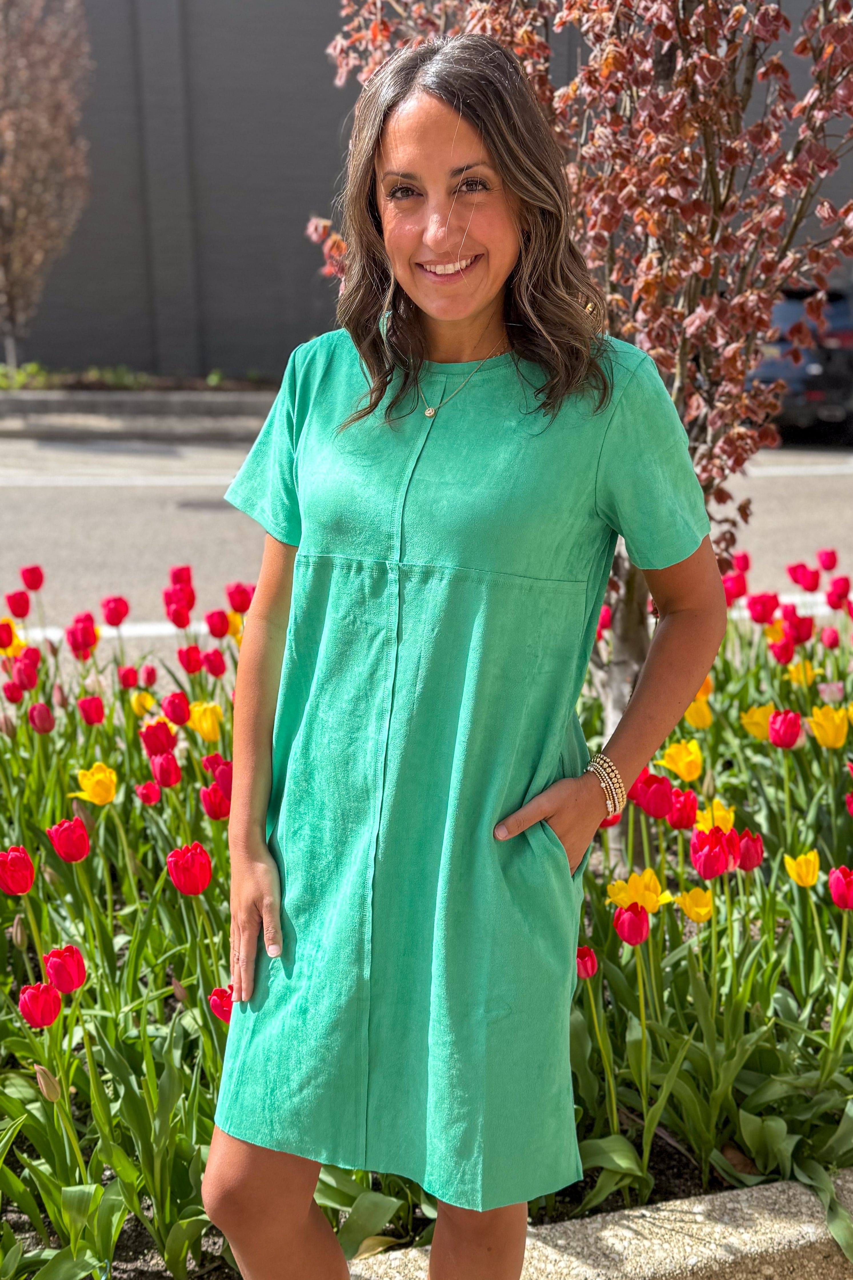 Green Faux Suede V-Neck Dress