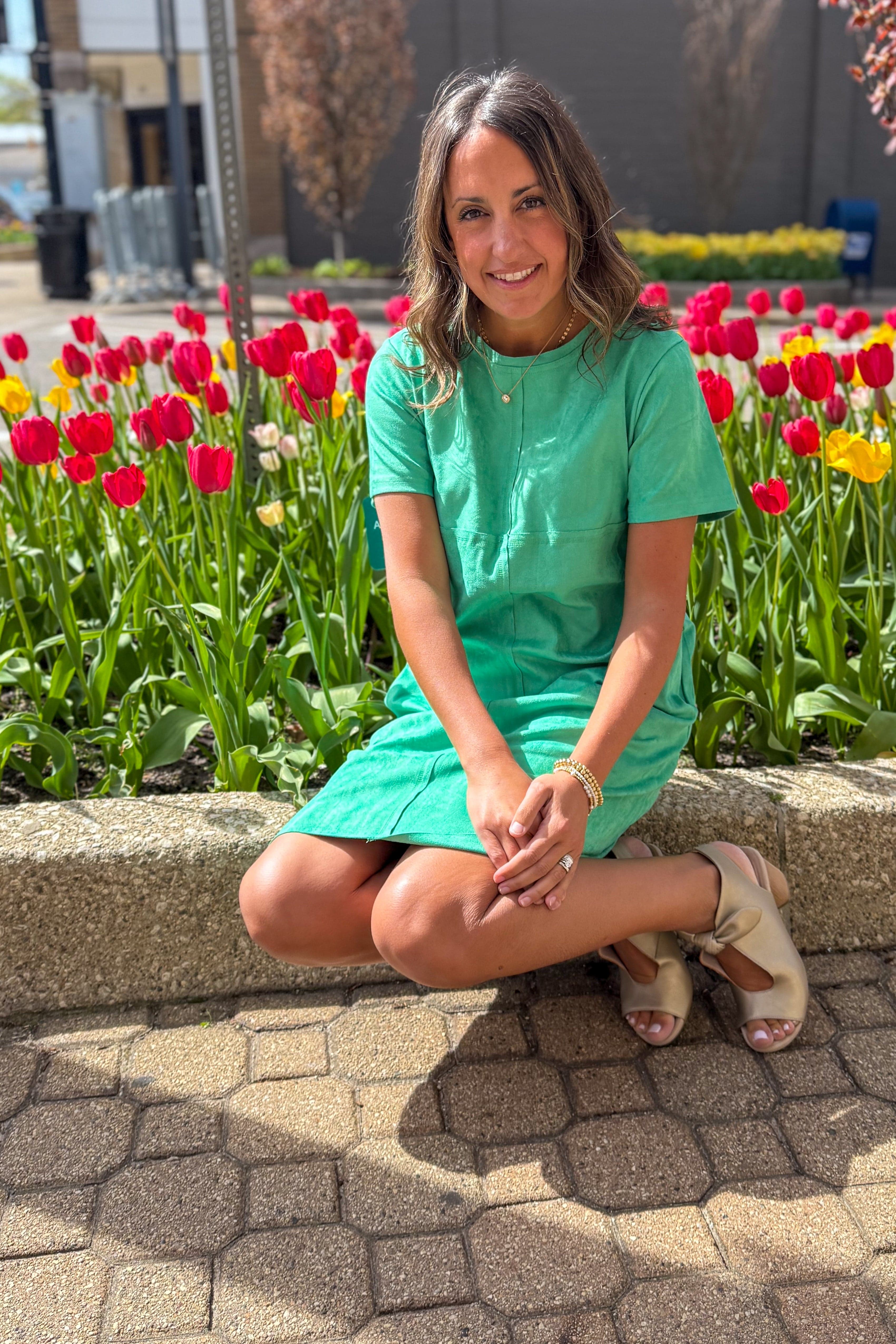Green Faux Suede V-Neck Dress styled