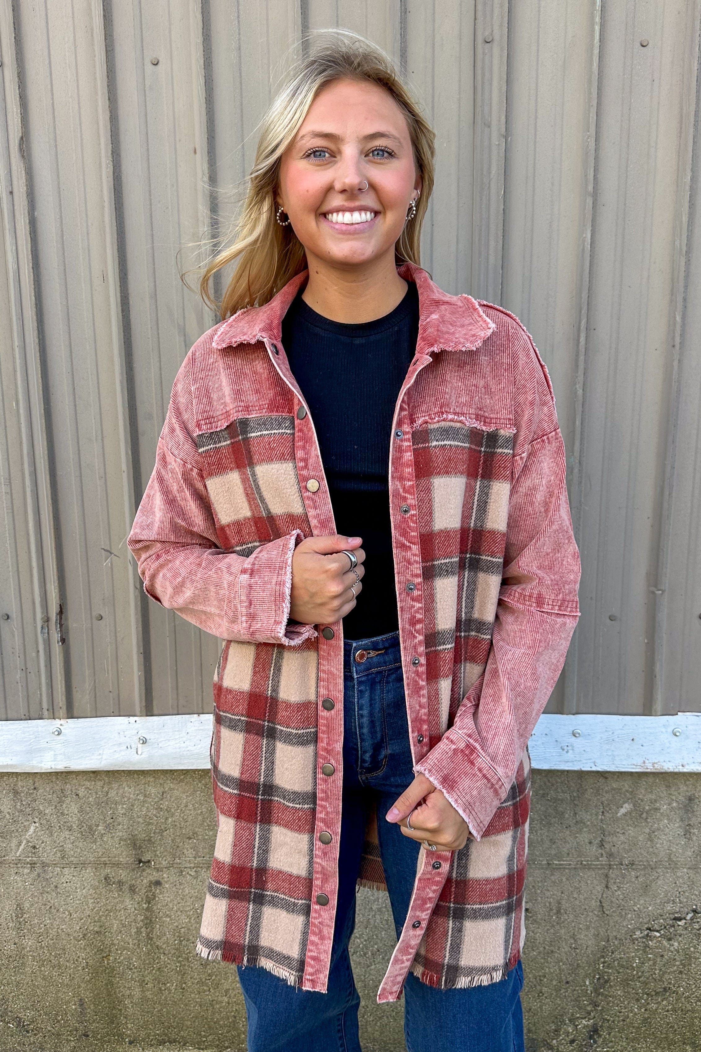 Red Mix Plaid Long Jacket