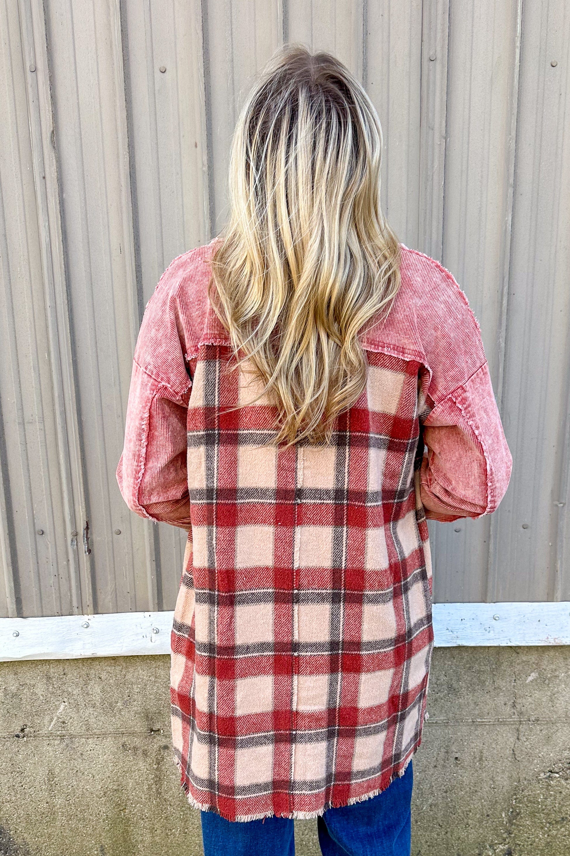 Red Mix Plaid Long Jacket back
