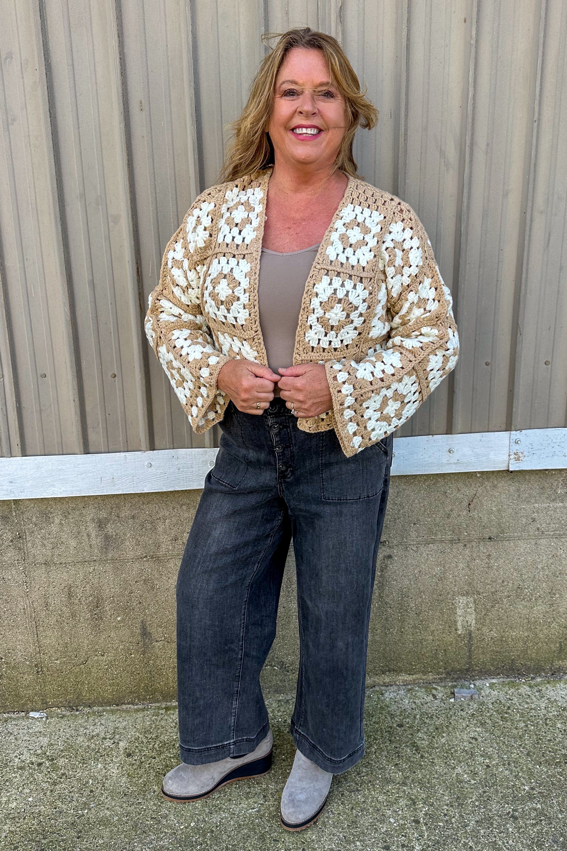 Taupe & Ivory Crochet Square Cardigan styled