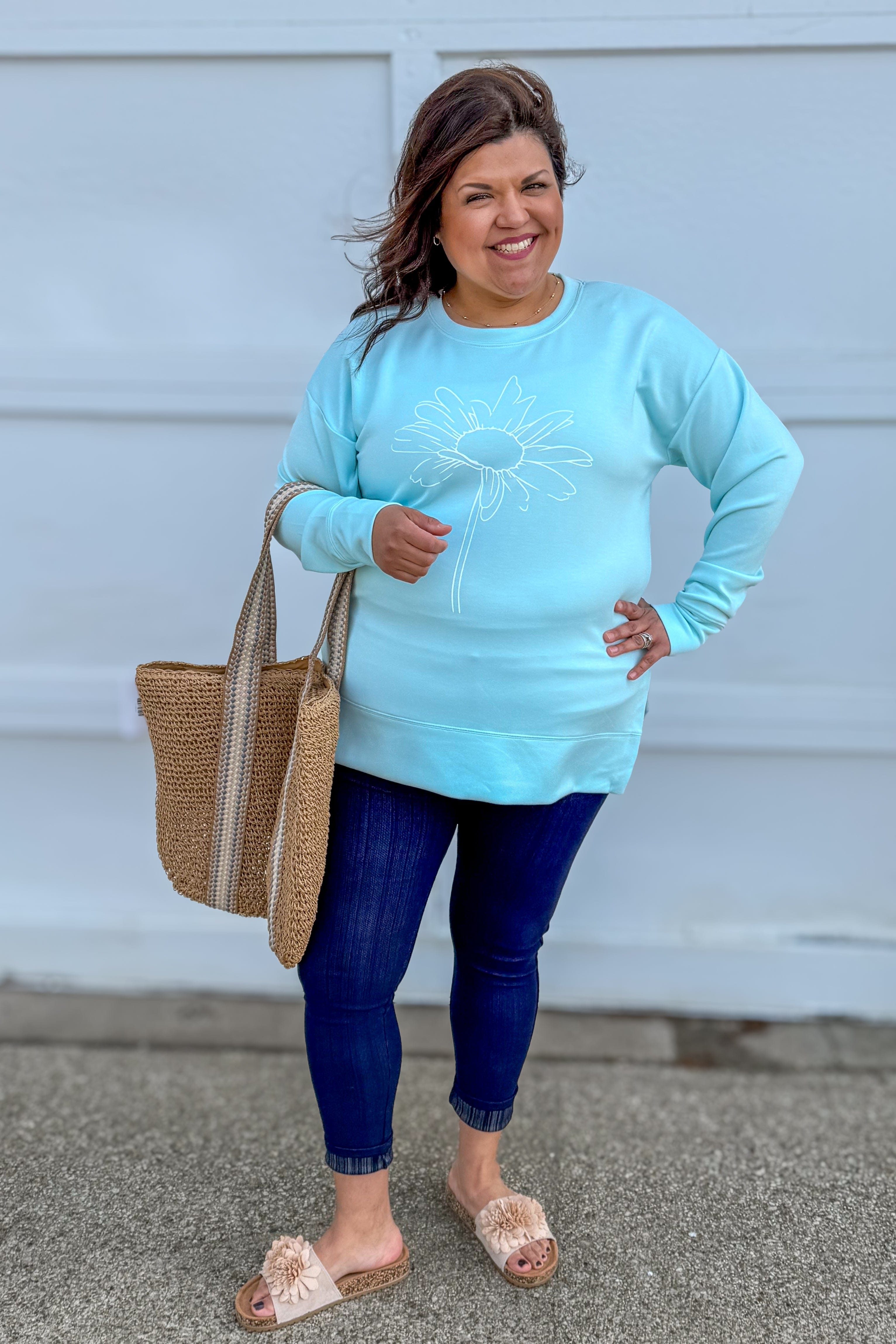 Aqua Daisy Modal Hi Low Pullover styled