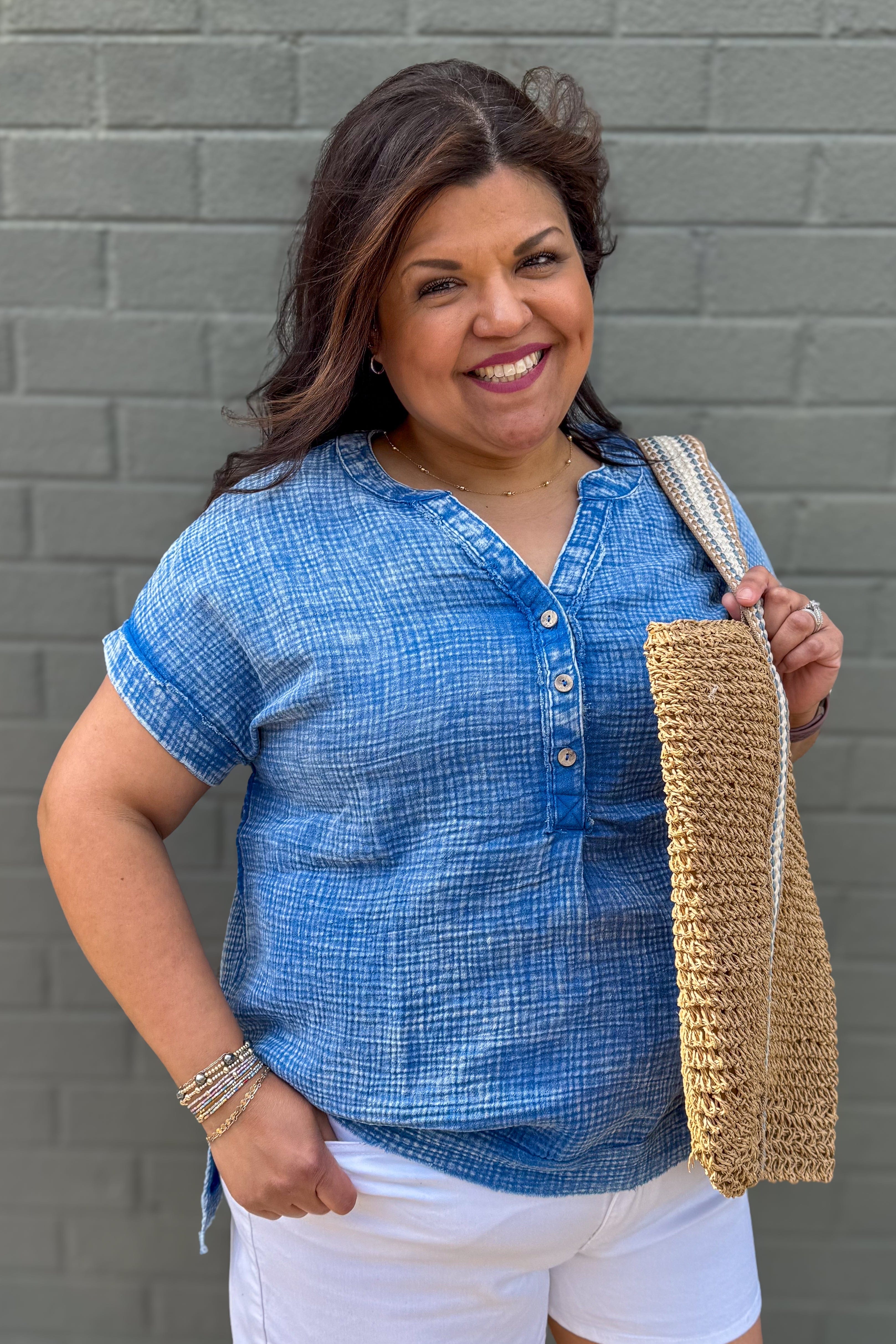 Classic Blue Gauze 3/4 Button Henley Top styled