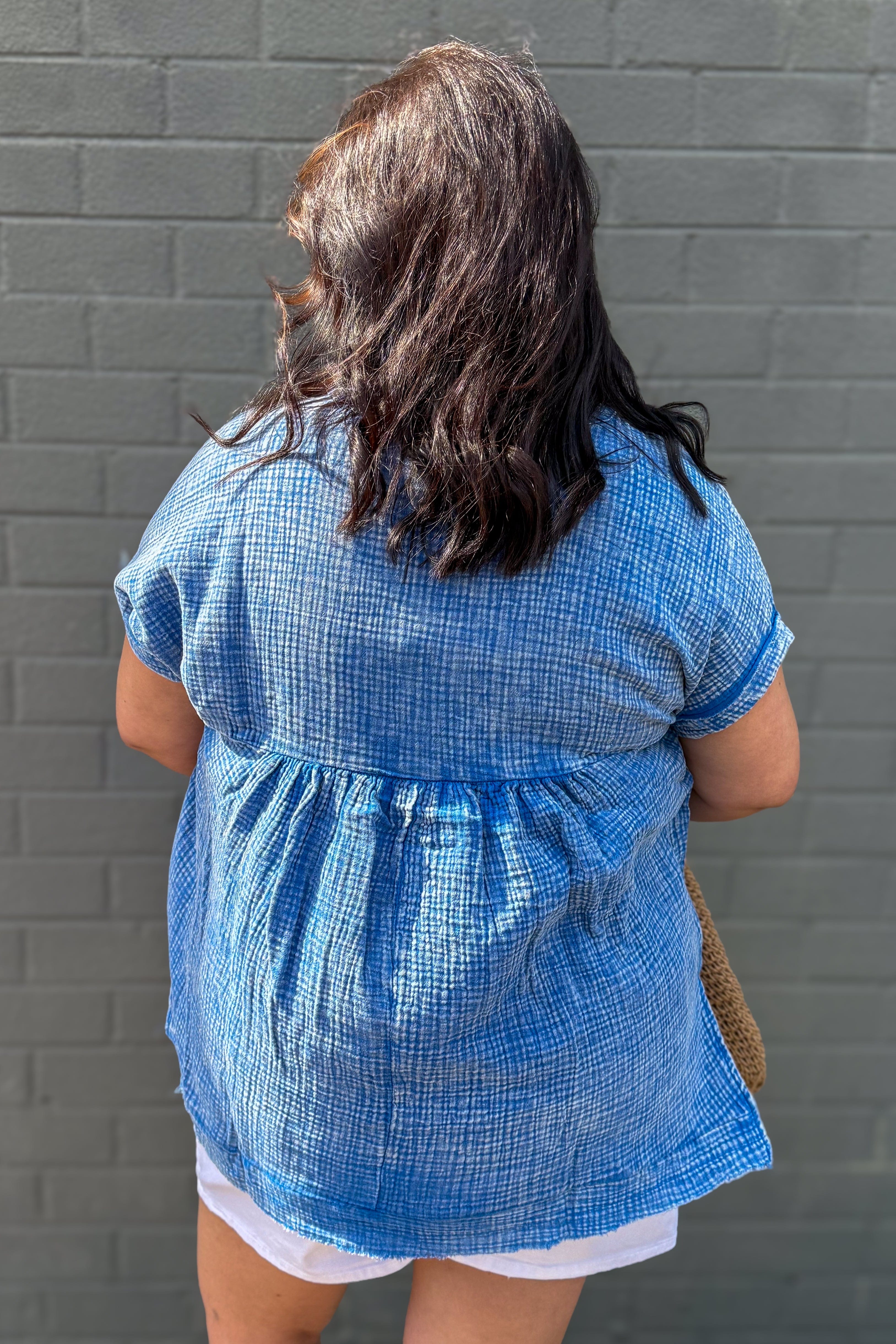 Classic Blue Gauze 3/4 Button Henley Top back