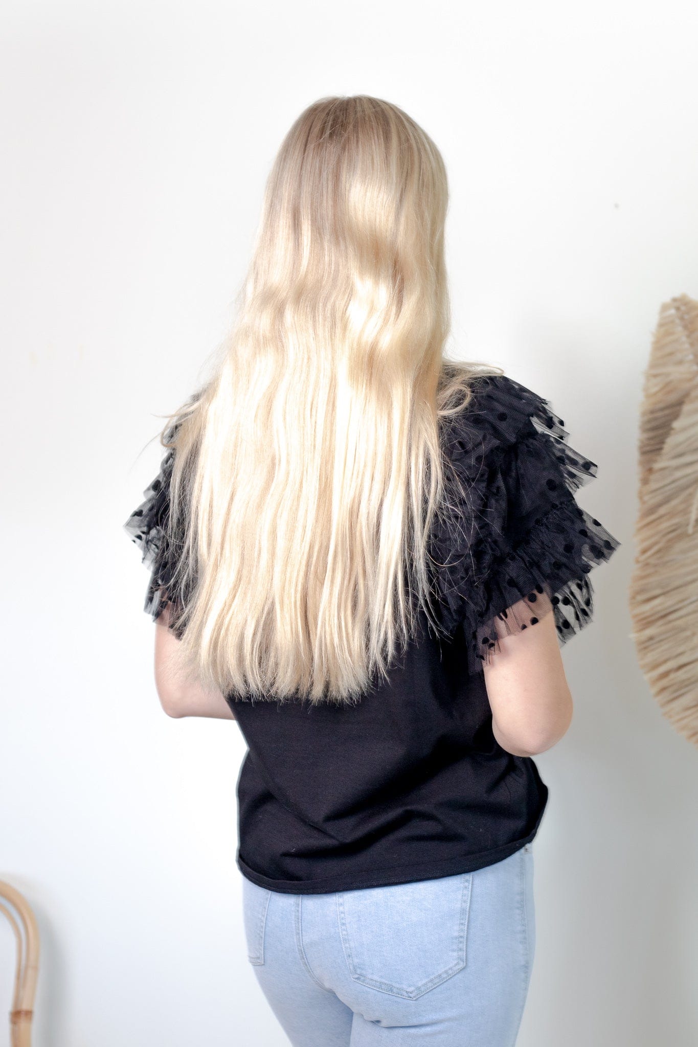 Black Top w/Sheer Polka Dot Sleeve