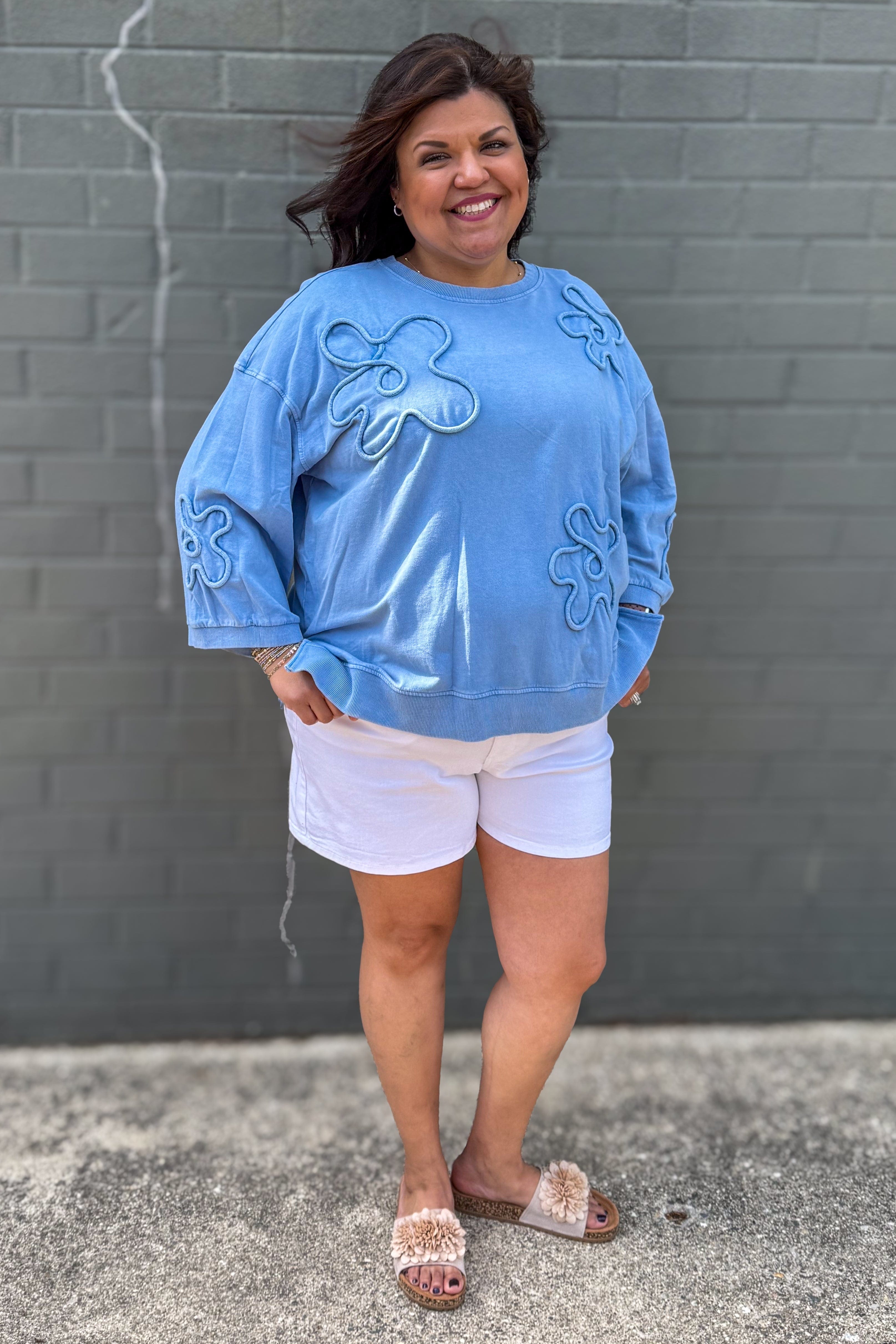 Denim Flower Pattern 3/4 Sleeve Top styled