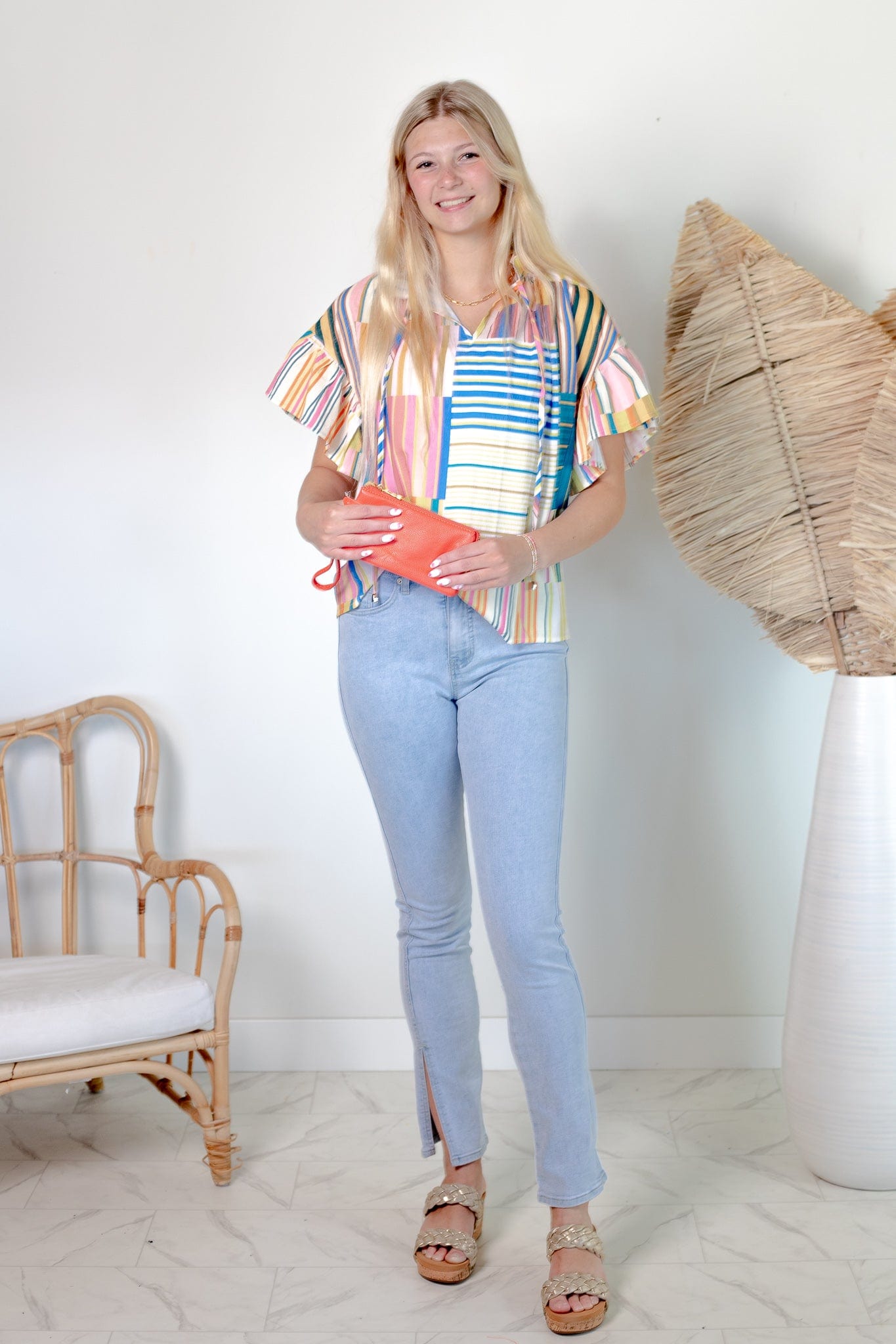 Multi Color Ruffle Sleeve Blouse