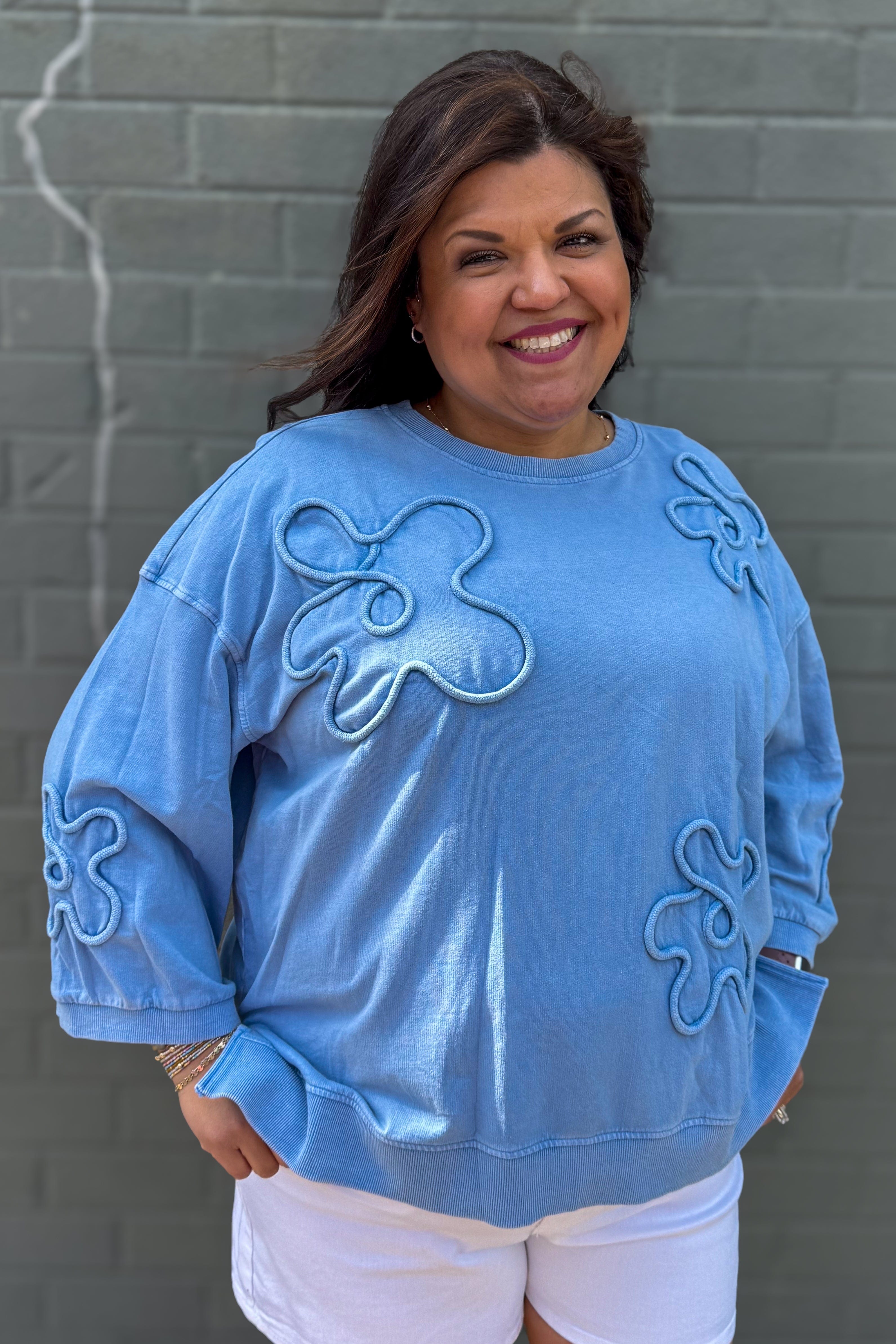 Denim Flower Pattern 3/4 Sleeve Top