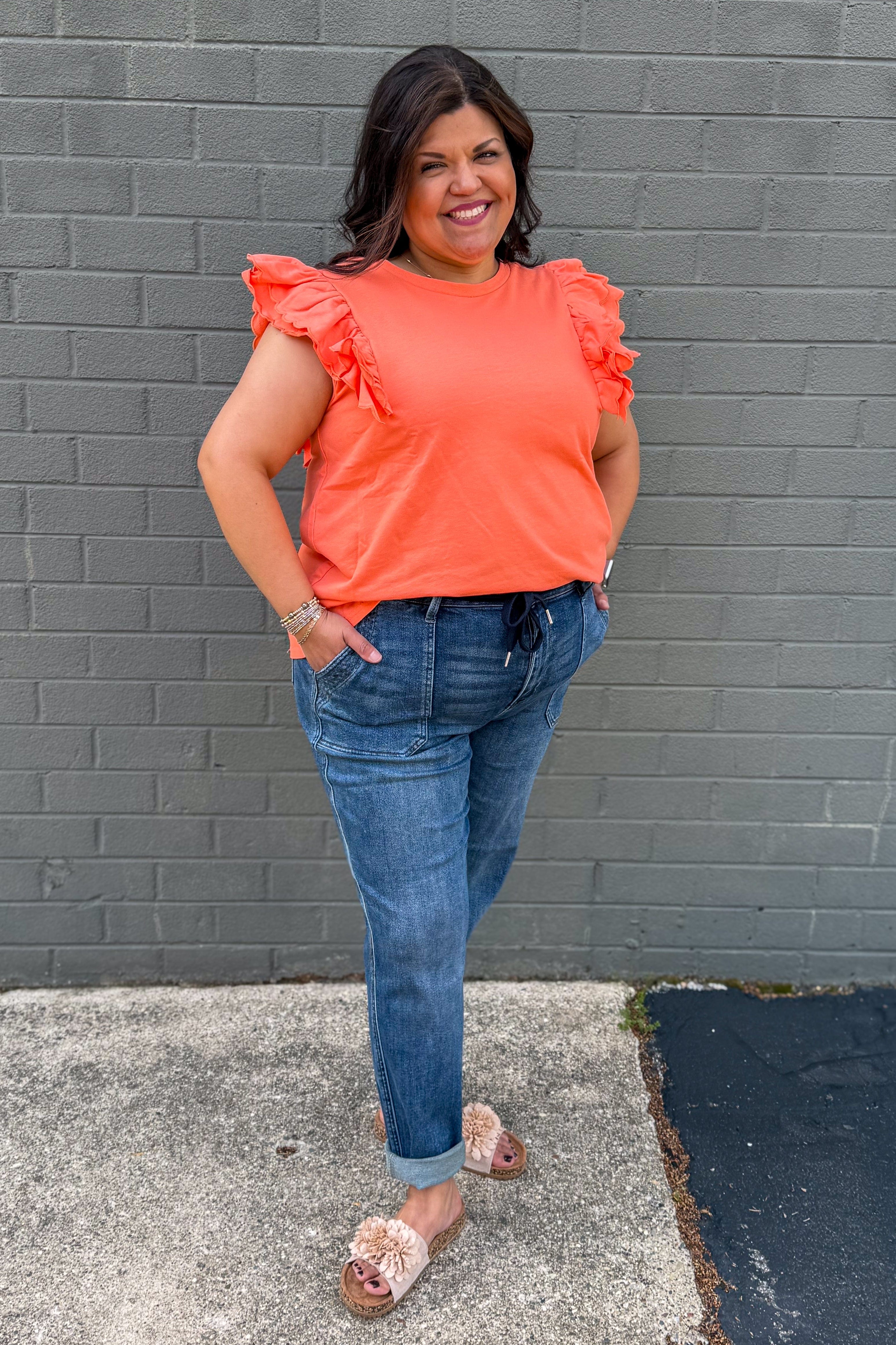 Coral Scalloped Ruffle Sleeve Top styled