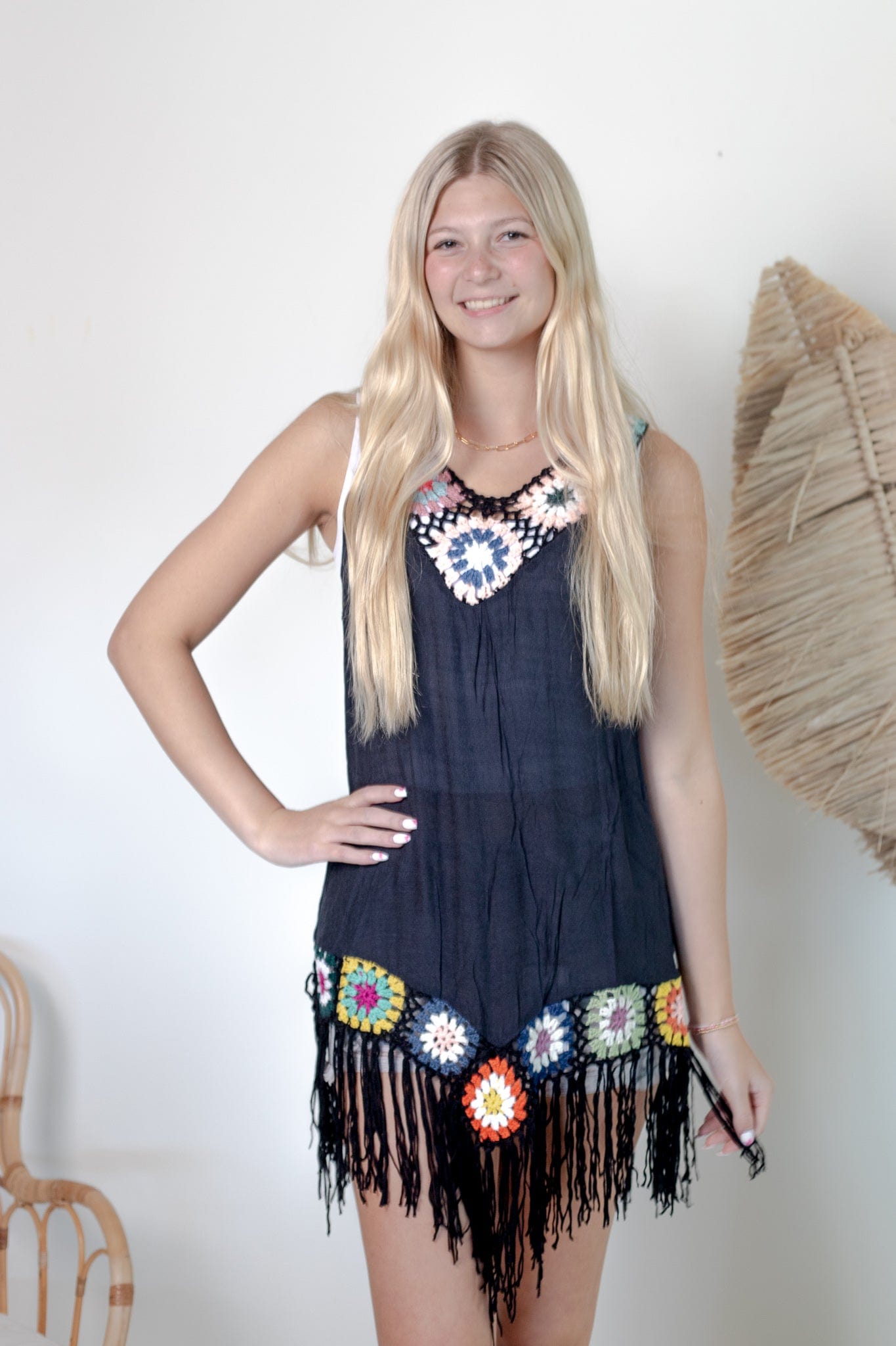 Black Multi Color Crochet Cover Up