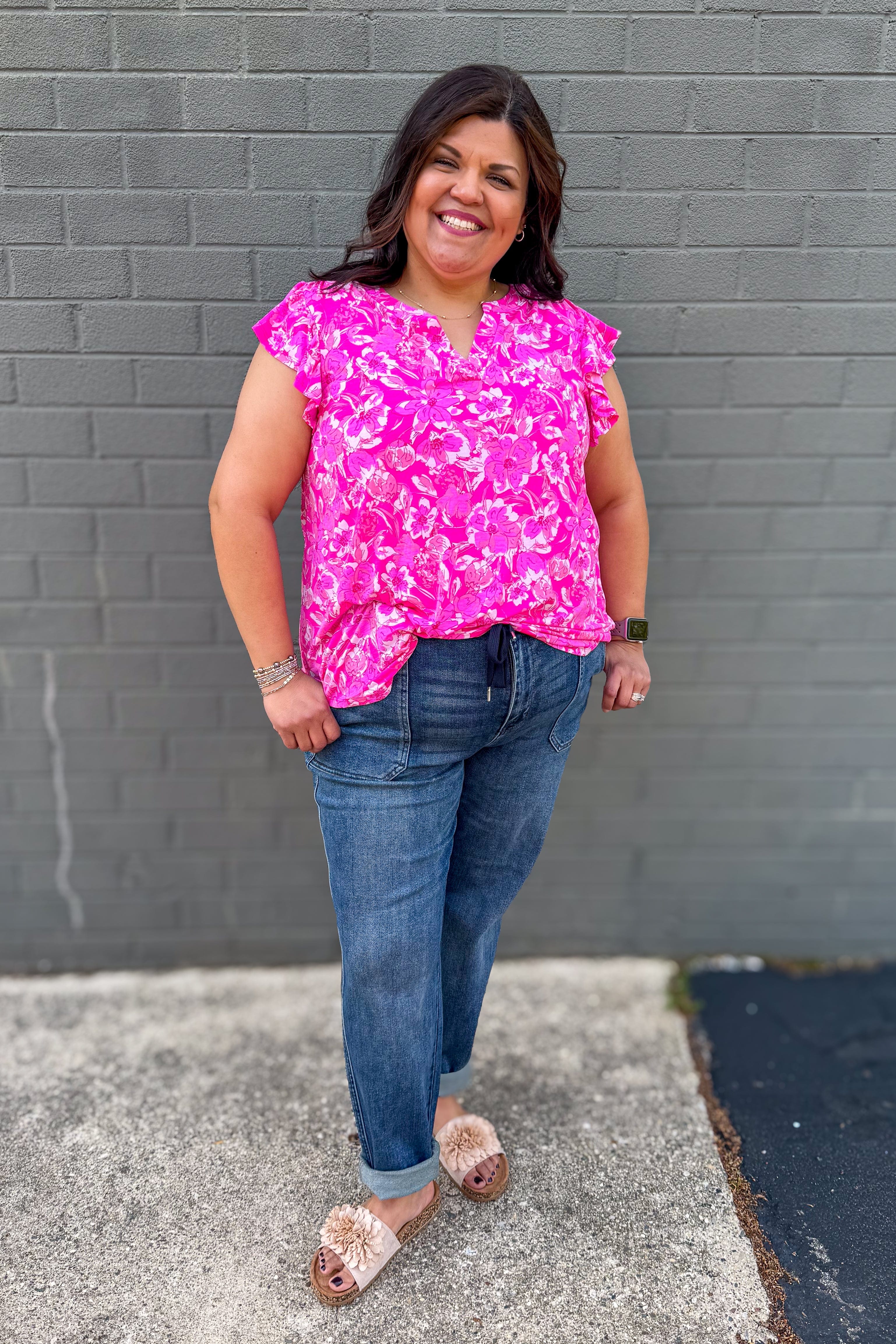 Hot Pink Floral Ruffle Sleeve Top styled