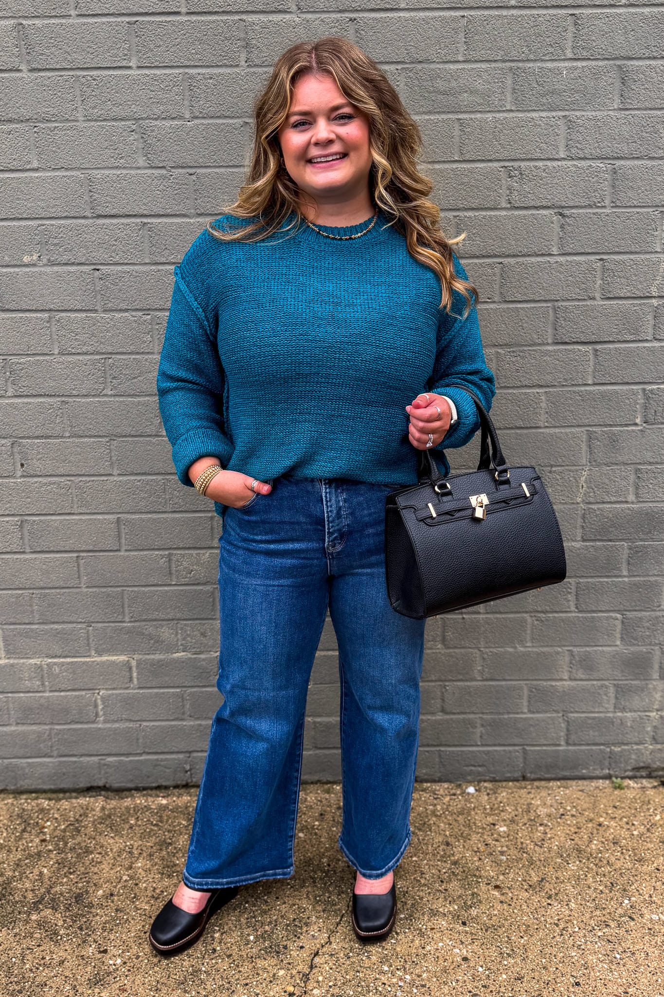 Ocean Teal Exposed Seam Round Neck Sweater