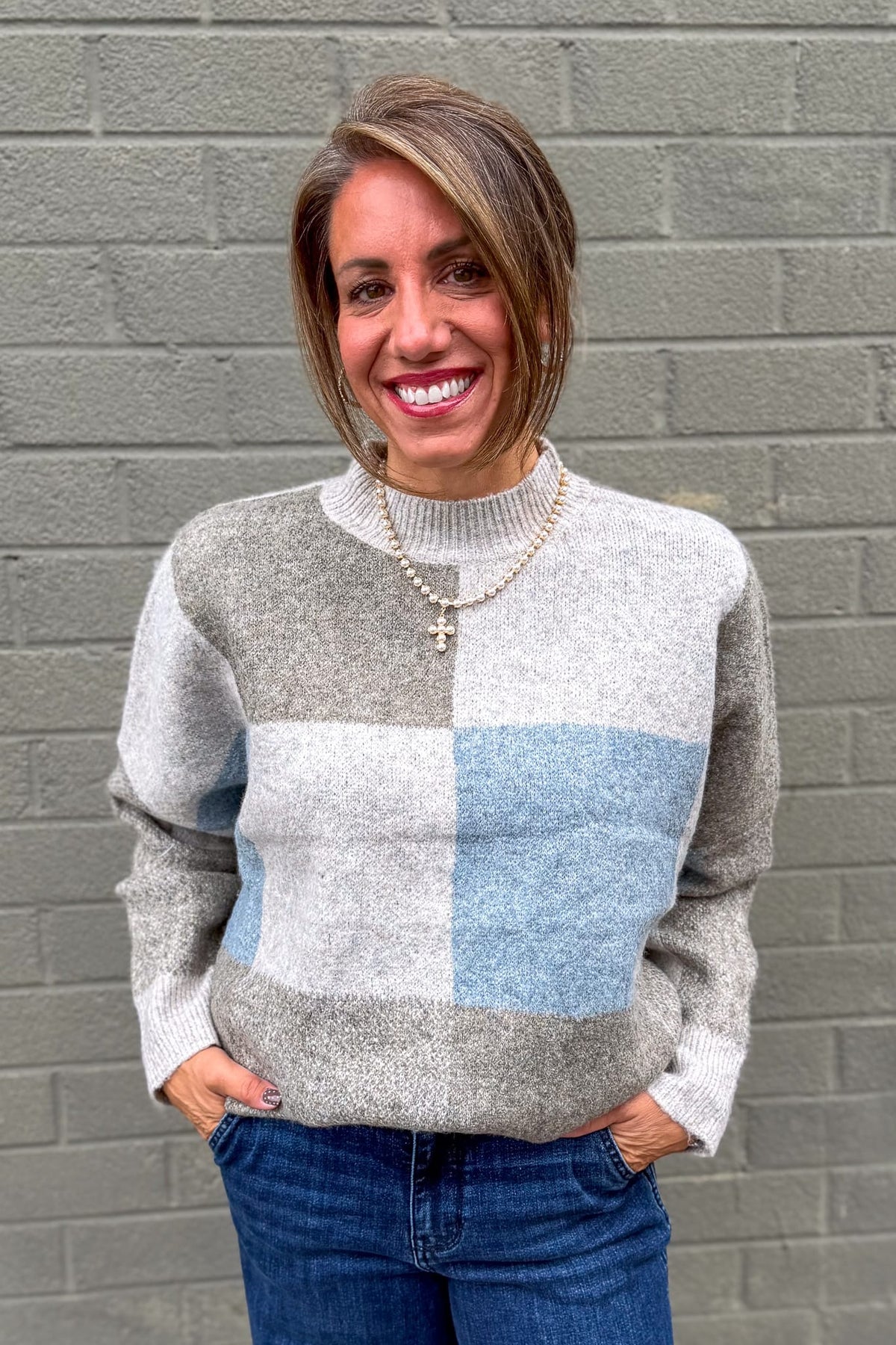 Blue Colorblock Oversized Sweater