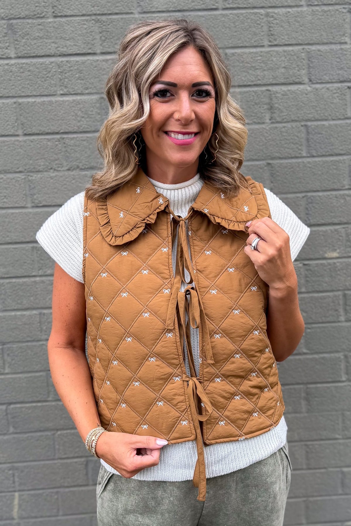Camel Tie Front Bow Embroidered Quilted Vest