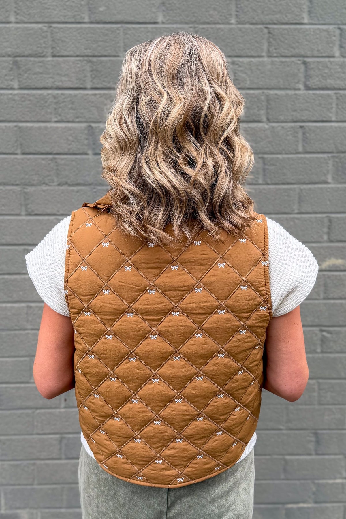 Camel Tie Front Bow Embroidered Quilted Vest Back