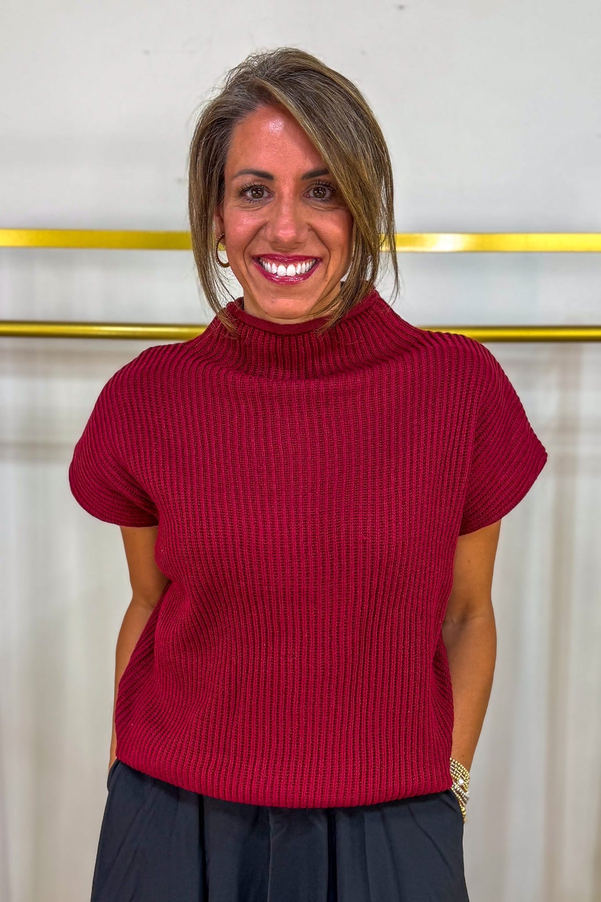 Cabernet Power Shoulder Mock Neck Sweater