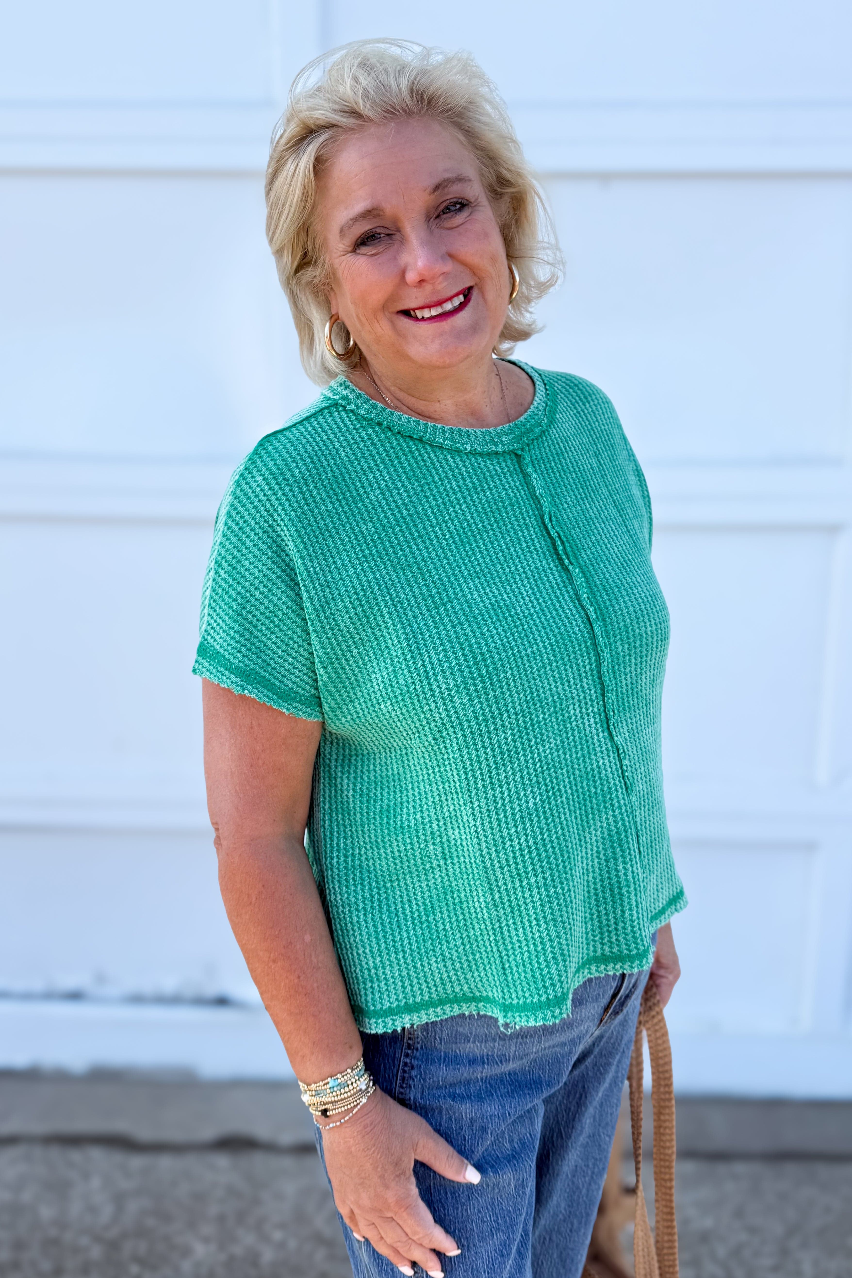 Kelly Green Washed Baby Waffle Top