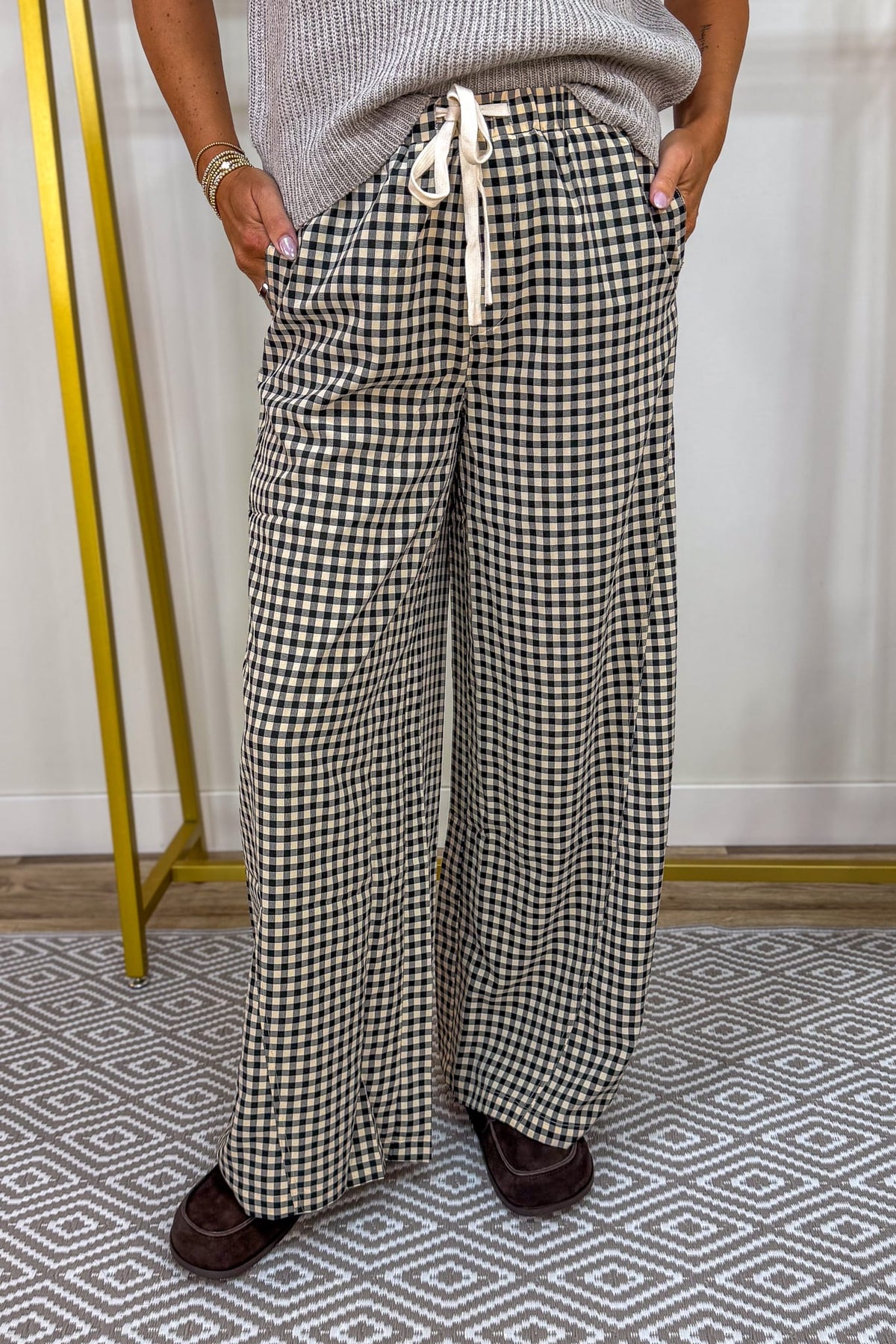 Black Gingham Flowy Wide Leg Pant
