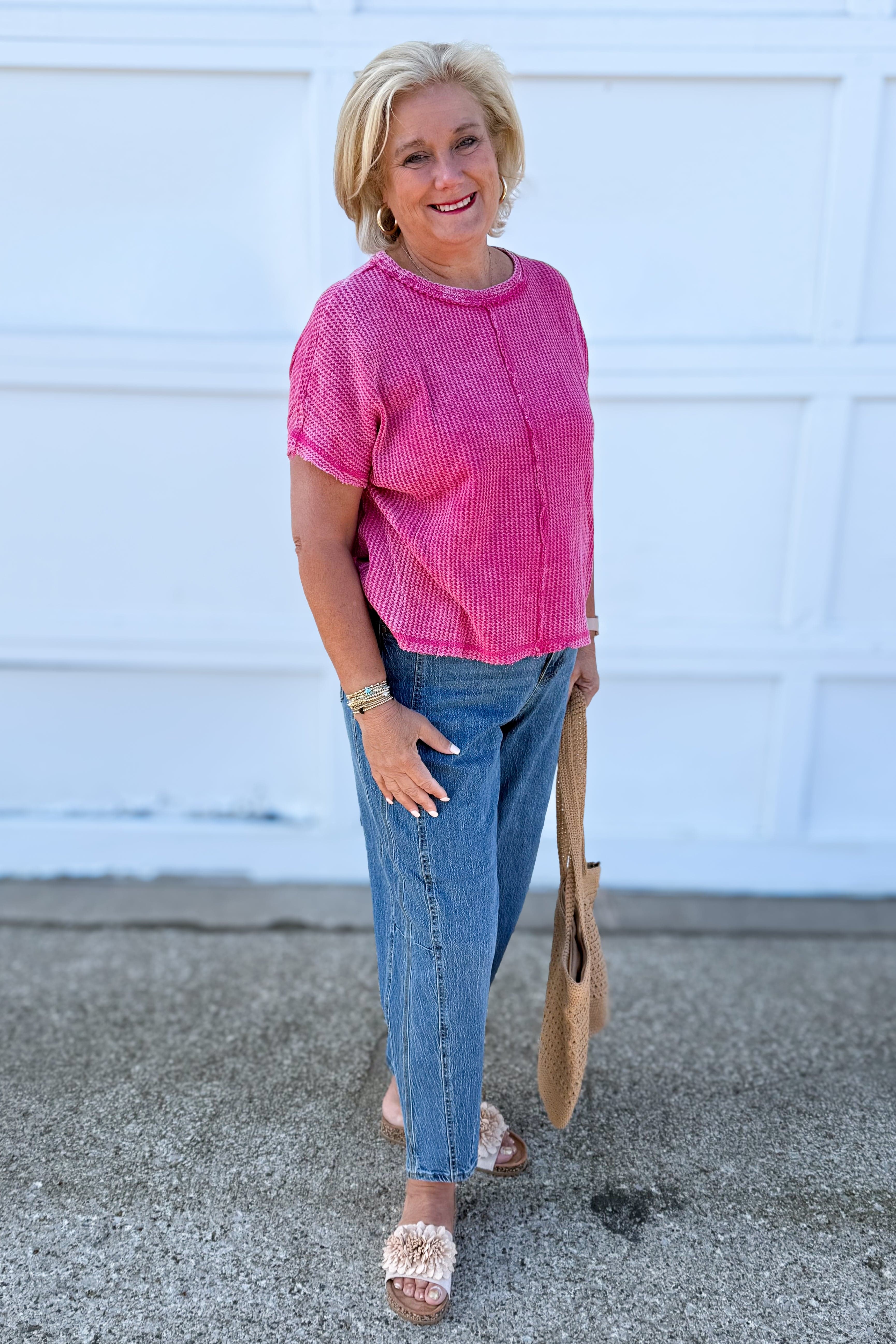 Carbon High Rise Triple Needle Barrel Jeans styled