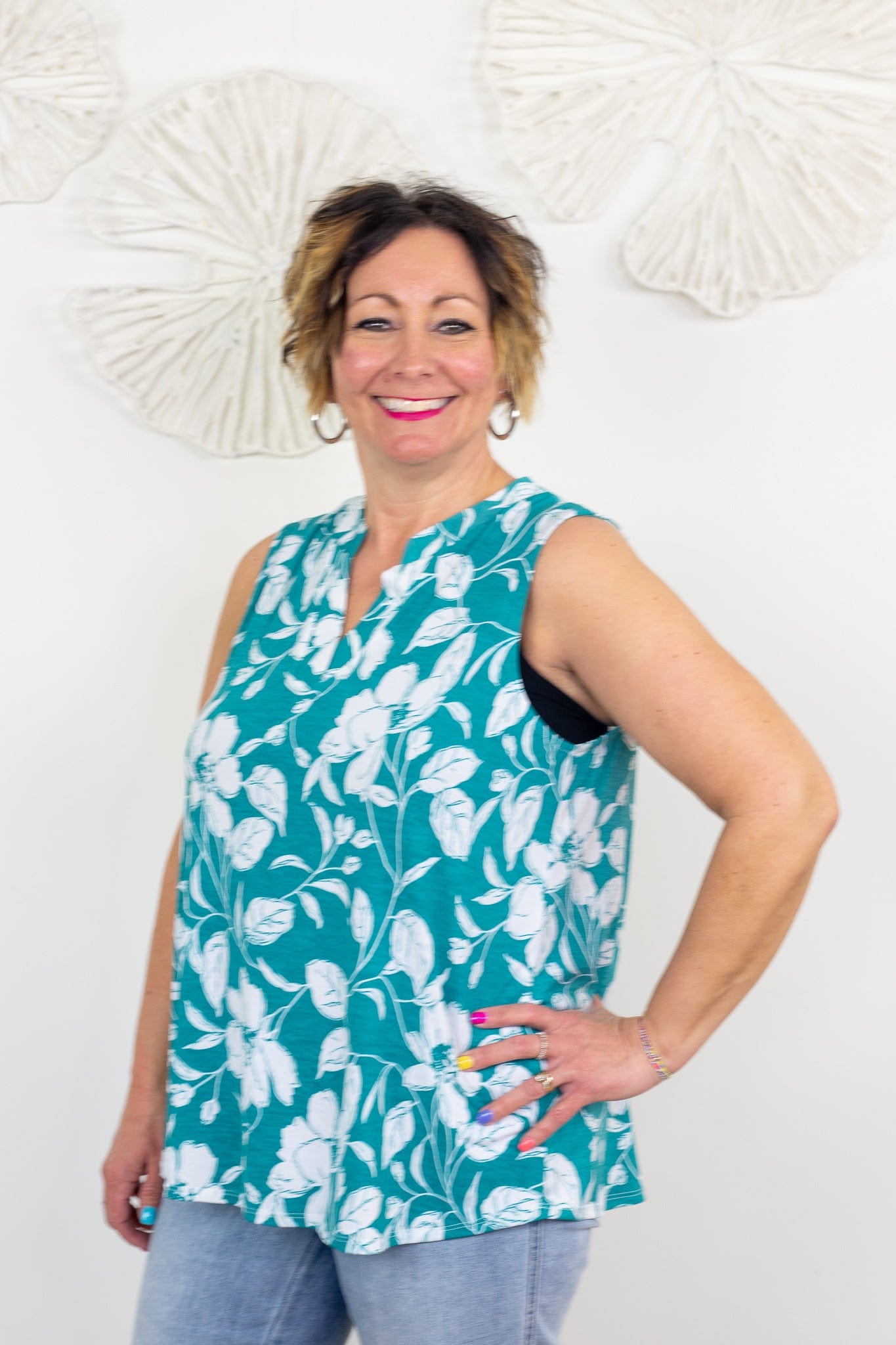 Sleeveless Teal Floral Sketch Top