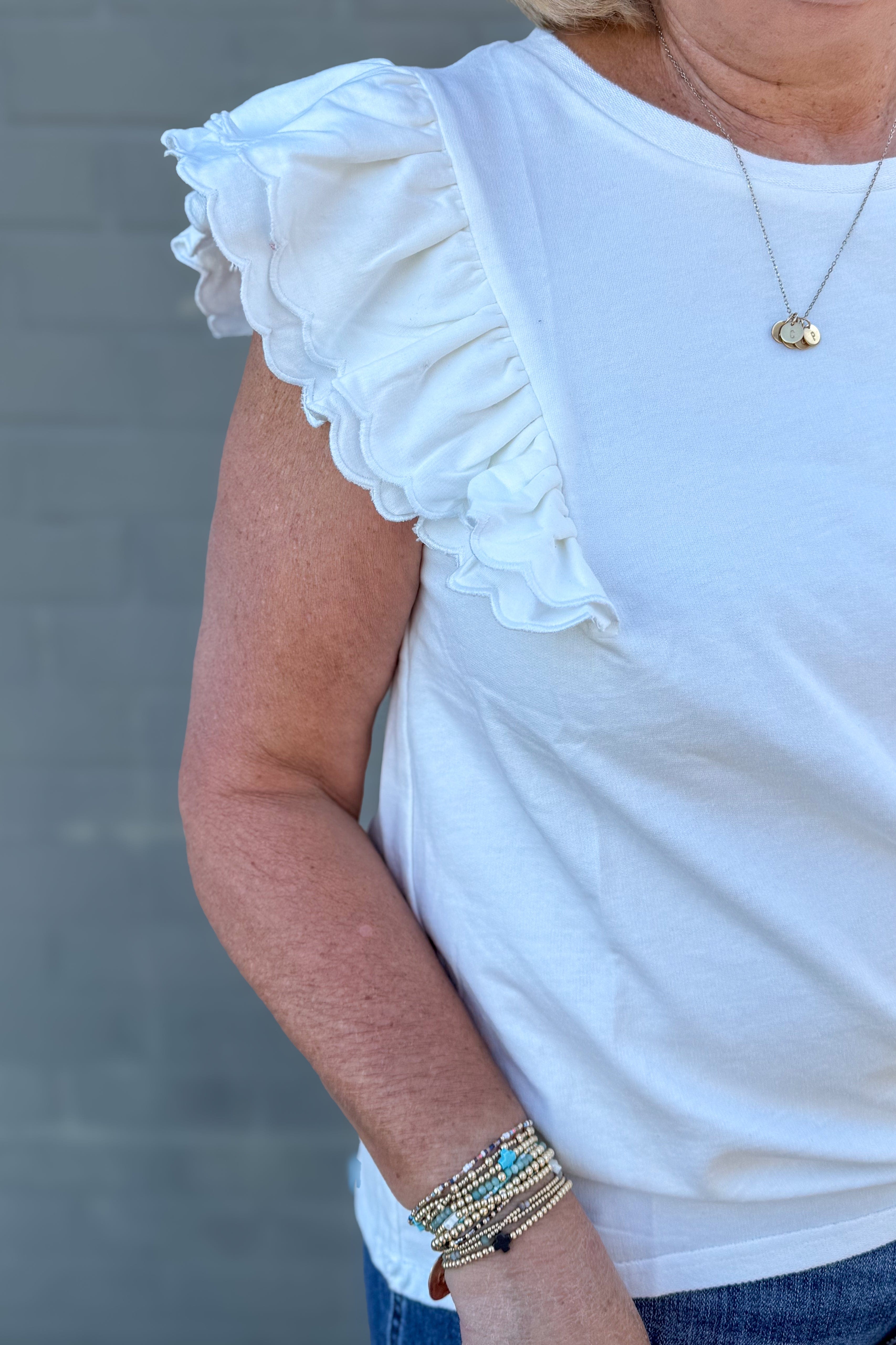 White Scalloped Ruffle Sleeve Top detailed