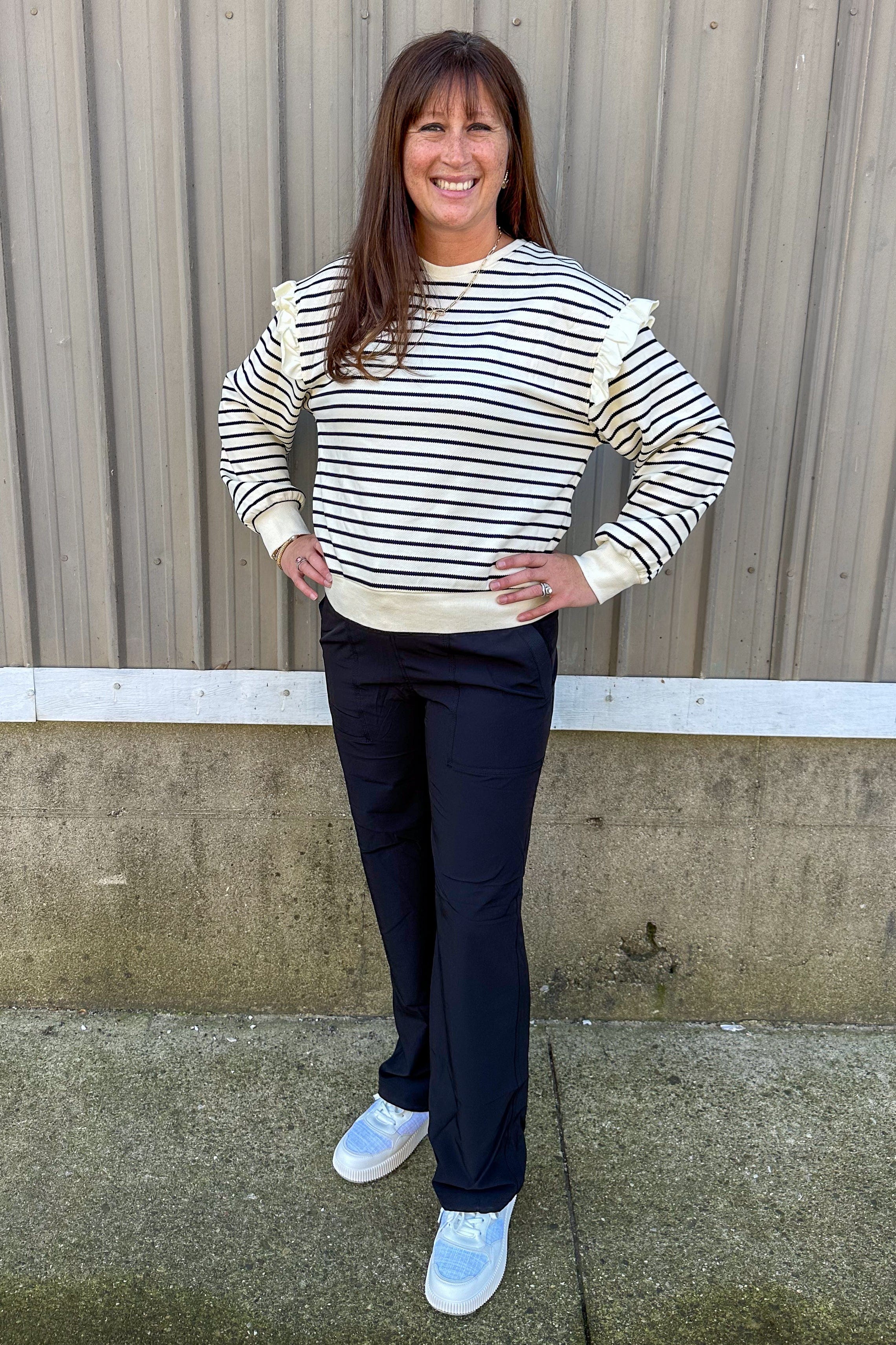 Black & White Stripe Ruffle Detail Top styled